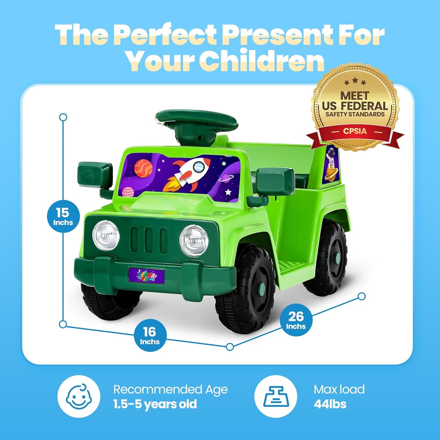 6V Toddler Ride On Car Interactive Electric Car with Horn LED Front Light Rear Storage Stellar Galaxy Theme Perfect for Boys & Girls 18+ Months Safe & Fun for Little Explorers(Green Space)
