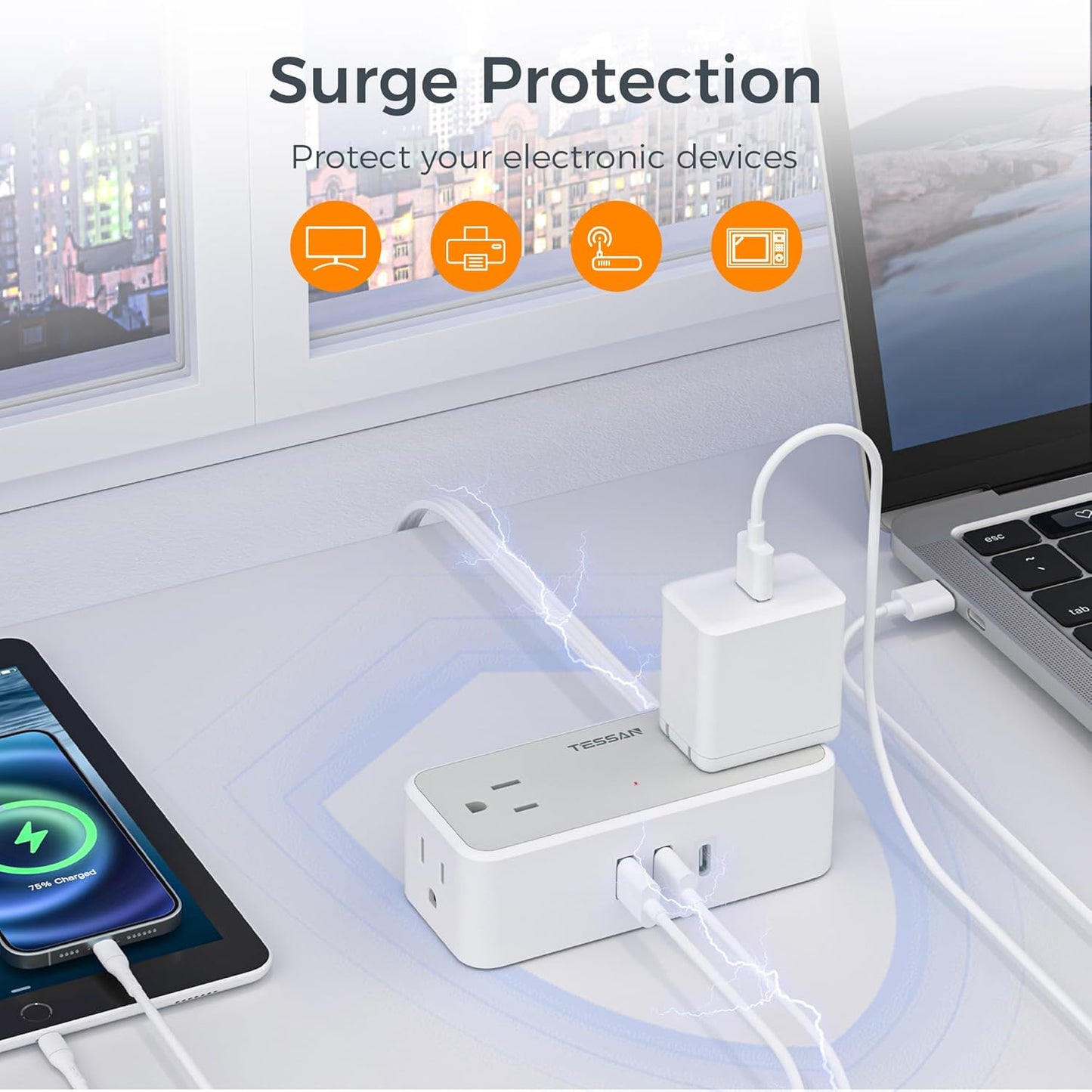 Flat Plug Extension Cord 5 FT, TESSAN Surge Protector Power Strip with 4 AC Outlets 1 USB C and 2 USB A Ports, 900 Joules Protection, Multiple Wall Outlet Extender Suitable for Home Office Dorm