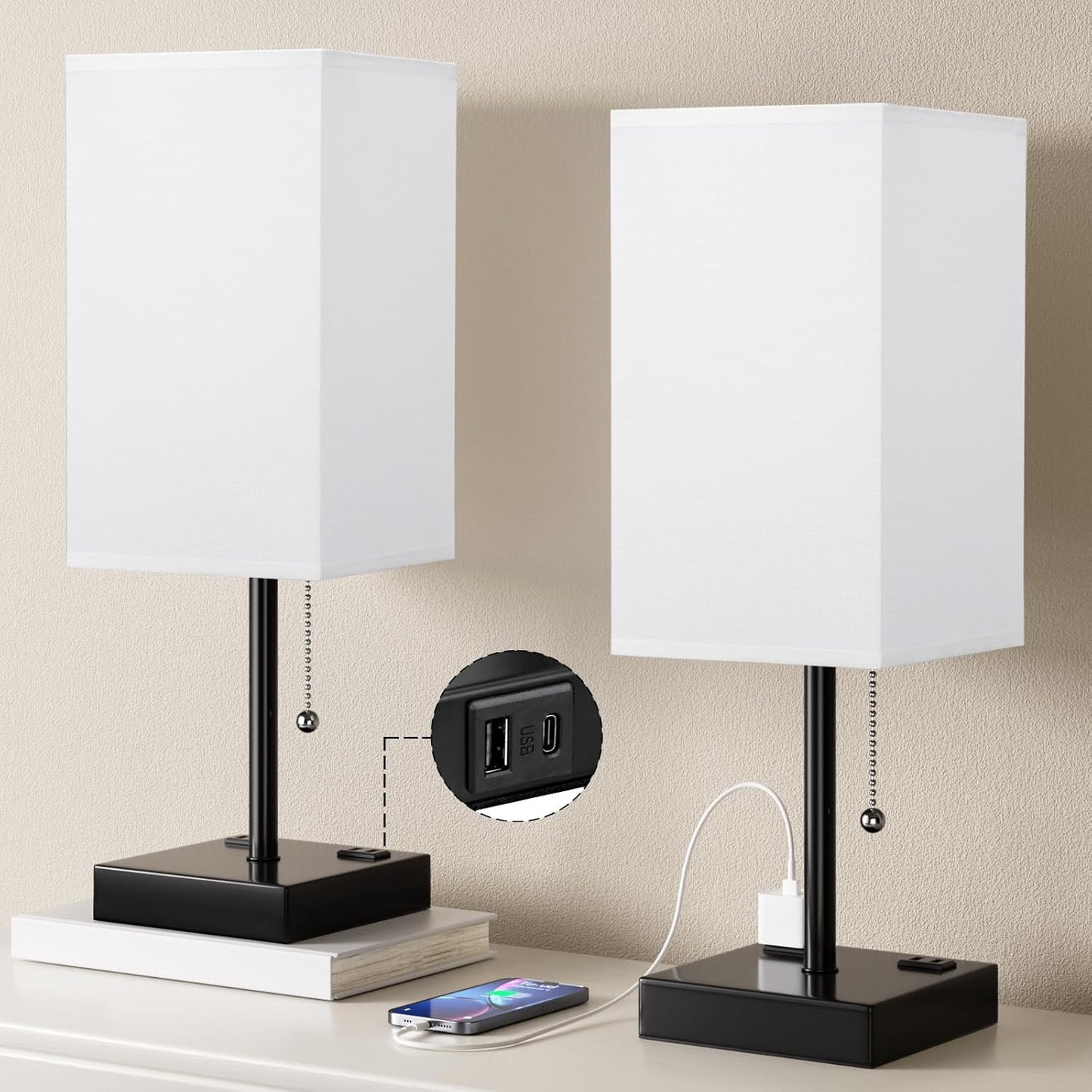 Plus Bedside Table Lamps Set of 2 - White Bedroom Lamps with 3 Colors, Square Nightstand Lamp with USB C + A Charging Ports and 2 AC Outlets, Pull Chain Night Light for End Table