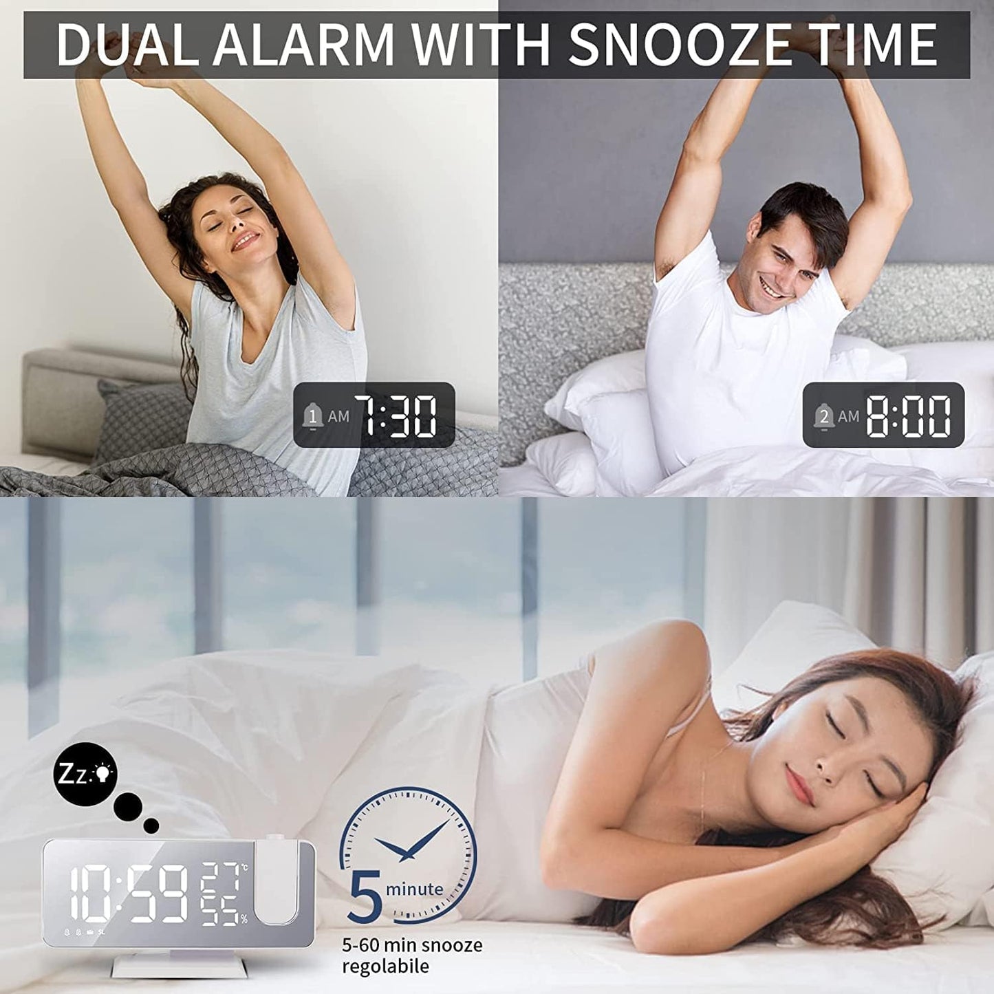 Projection Digital Alarm Clock for Bedrooms, Clock Radio on Ceiling, USB Charger Port, Temperature & Humidity Display, 7.3” Large Mirror LED Display,12/24H,Snooze,Dual Loud Alarm Clock- 4 Dimmer