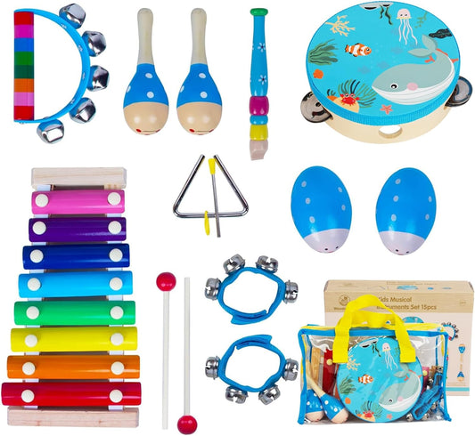 Wooden Musical Instruments Set for Toddlers 1-3, Natural Wood Percussion Instruments Xylophone Gift Set for Girls Boys Kids ,Preschool Educational Musical Toys with Storage Bag
