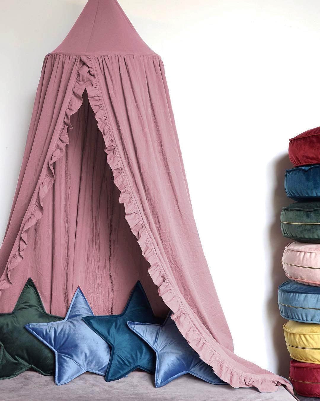 Bed Canopy with Frills Reading Nook Game Tent for Kids Boho Hanging Net Play Room Decor(Dusty Rose)