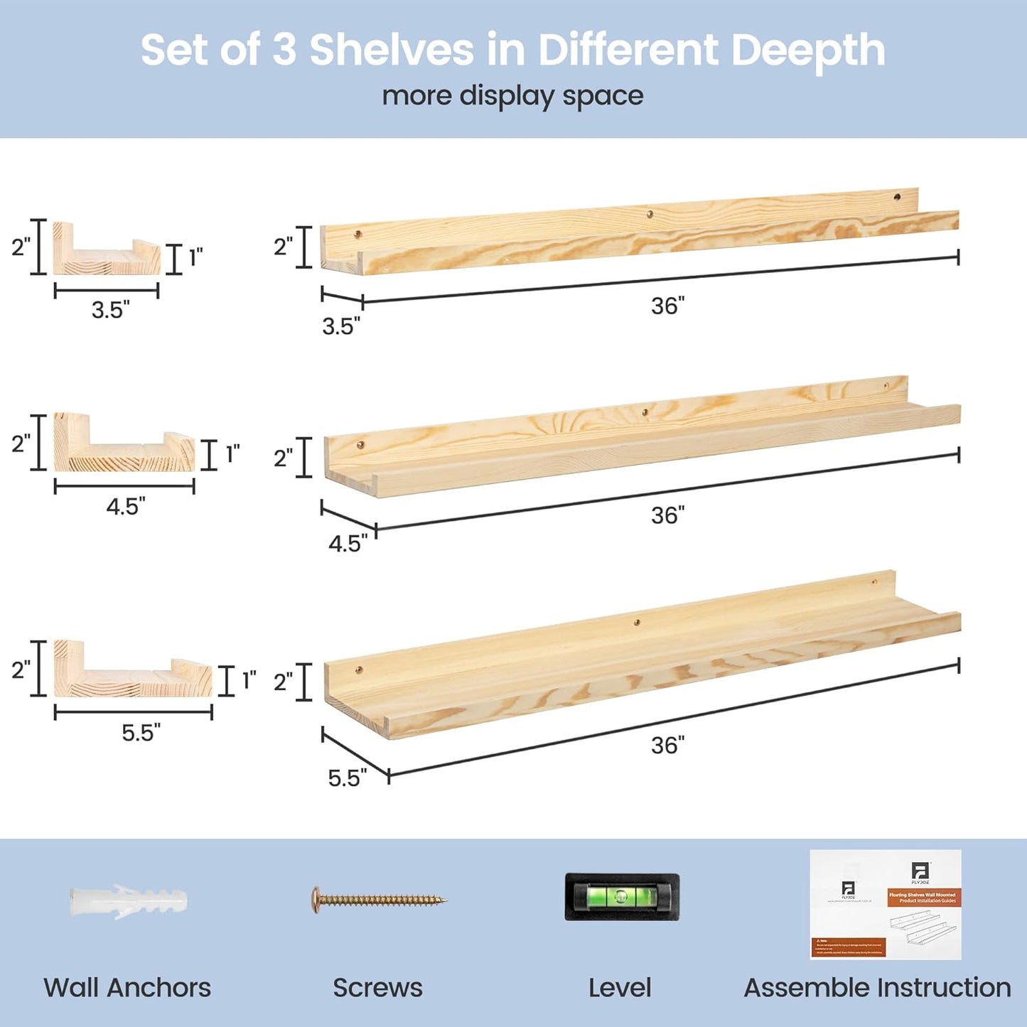 Picture Ledge Shelf for Wall, 36 inches Solid Pine Wood Nursery Book Shelves 3 Packs, Floating Ledge Shelves for Kids' Room Bedroom Bathroom Living Room Photo Frames Office Nursey Wall Decor, Natural