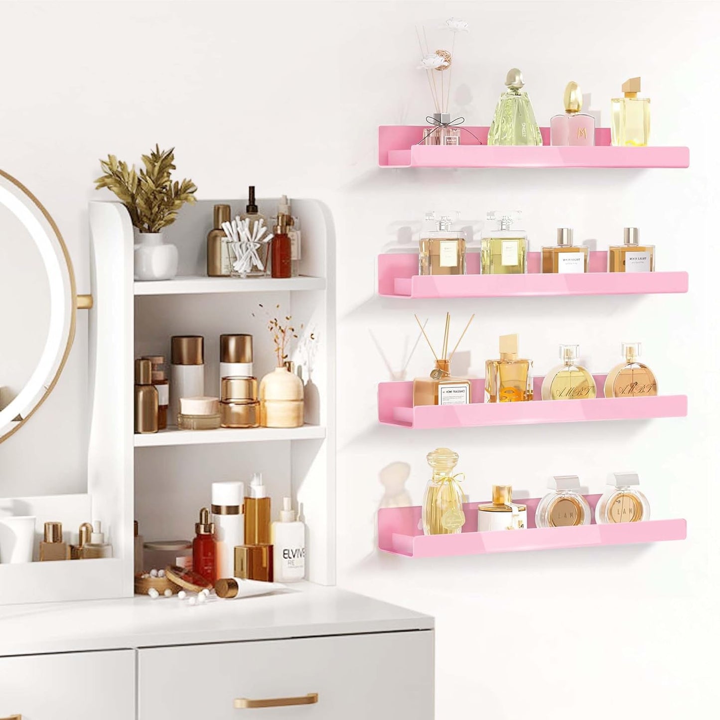 4 Pack 15 Inch Pink Acrylic Shelves, Kids Floating Bookshelf for Kids Room, Modern Nail Polish Rack Sunglasses Essential Oil Picture Ledge Display Toy Storage Wall Shelf