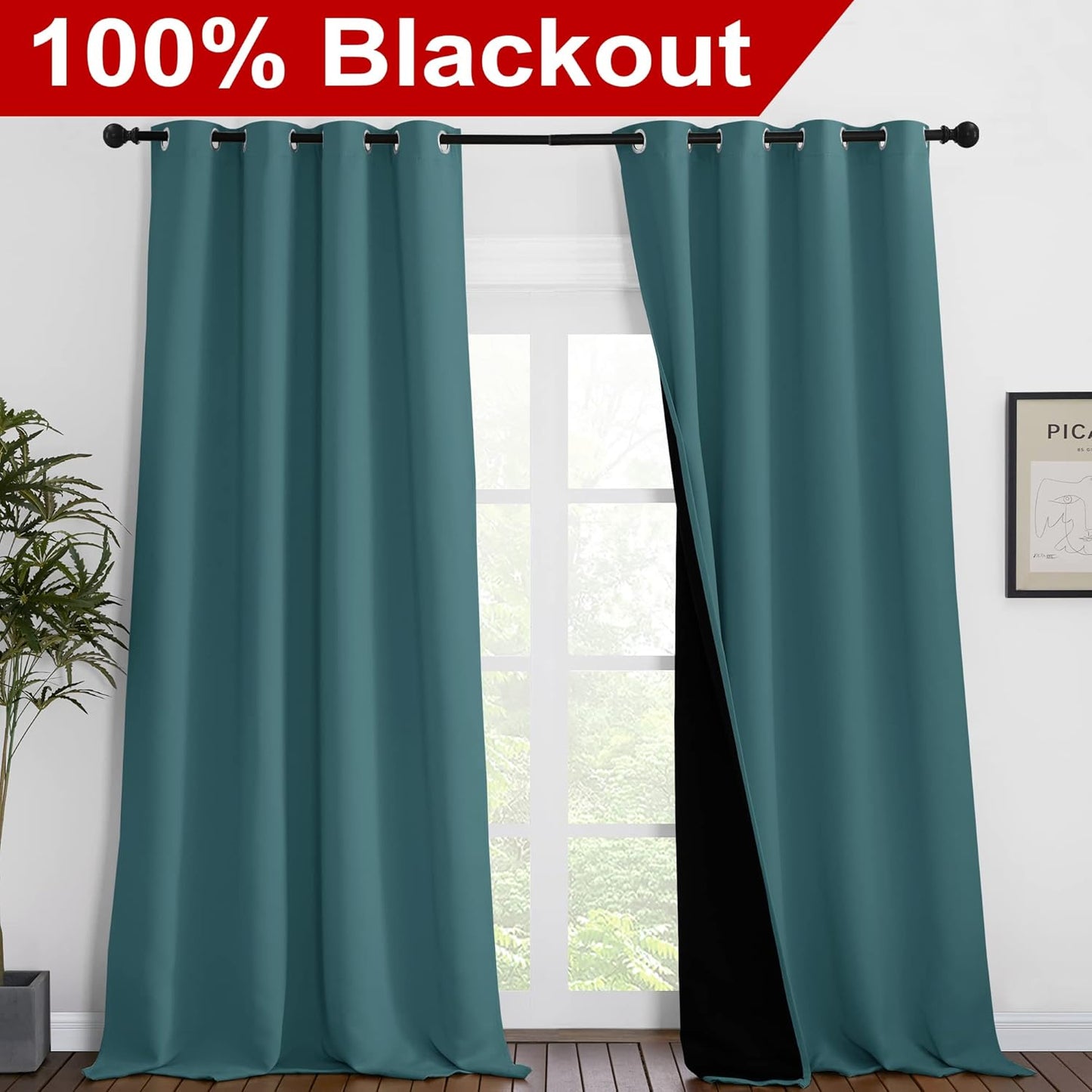 NICETOWN 100% Blackout Blinds, Laundry Room Decor Window Treatment Curtains, Thermal Insulated Energy Smart Drapes and Draperies for Villa, Hall and Studio, Sea Teal, Set of 2, 55 inches x 96 inches