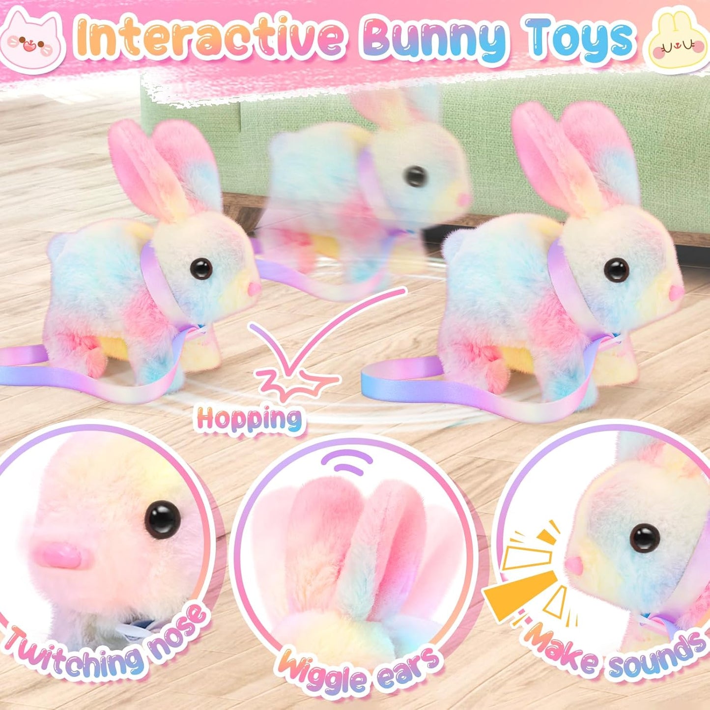 Plush Interactive Bunny Toys for Kids with Tote Bags,Stuffed Robot Pet Rabbit with Leash Hopping Wiggle Ears Pretend Play,Realistic Cute Fidget Toys for Toddler Stocking Stuffers Birthday Gifts