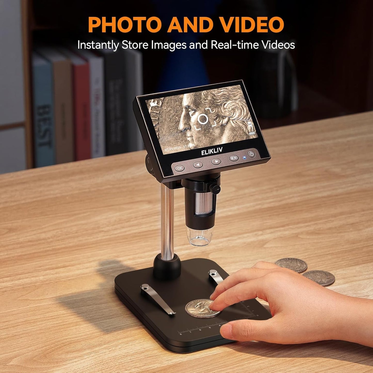 Elikliv Coin Microscope, 4.3'' LCD Digital Microscope 1000x, Coin Magnifier with 8 Adjustable LED Lights, PC View Compatible with Windows/Mac, EDM4B, Black