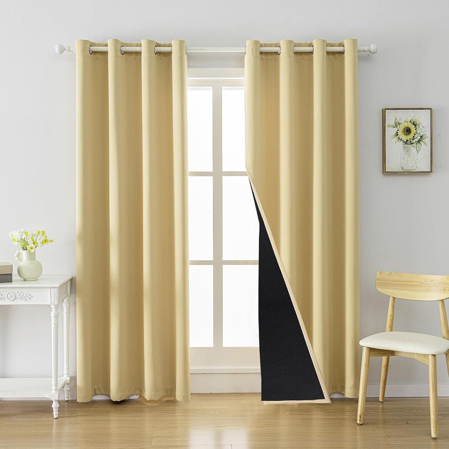 Anytime 100% Blackout Curtain Set, Thermal Insulated & Energy Efficiency Window Draperies for Guest Room, Full Shading Panels for Shift Worker and Light Sleepers（Beige, 2 Panels, 52W x 120L）