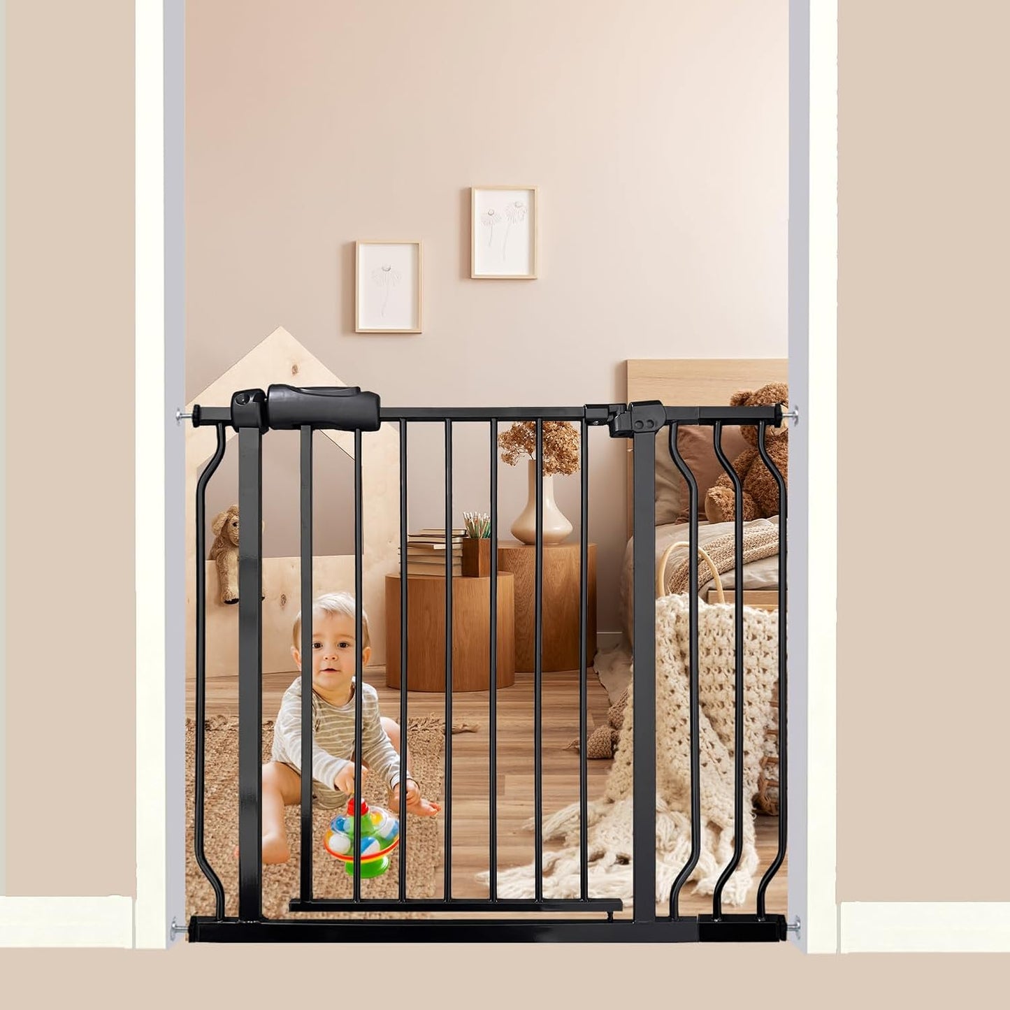 Walk Through Baby & Dog Gate 34-38.5 Inch, Auto Close, Tension Mounted Indoor Safety Gate for Stairs & Doorways - Black Metal, 30 Inch Tall