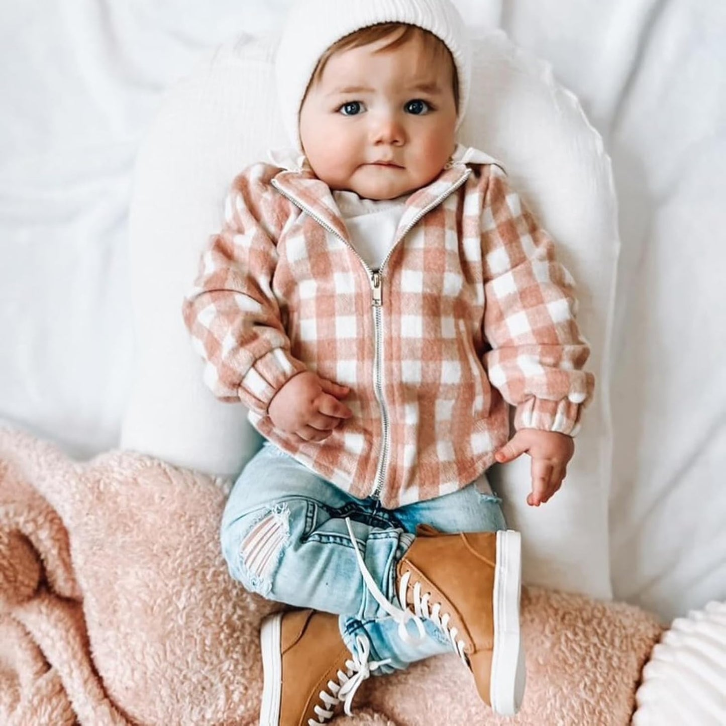 Douhoow Toddler Baby Plaid Jacket Baby Boy GIrl Flannel Hoodies Zip Up Hooded Fall Winter Outerwear Coat