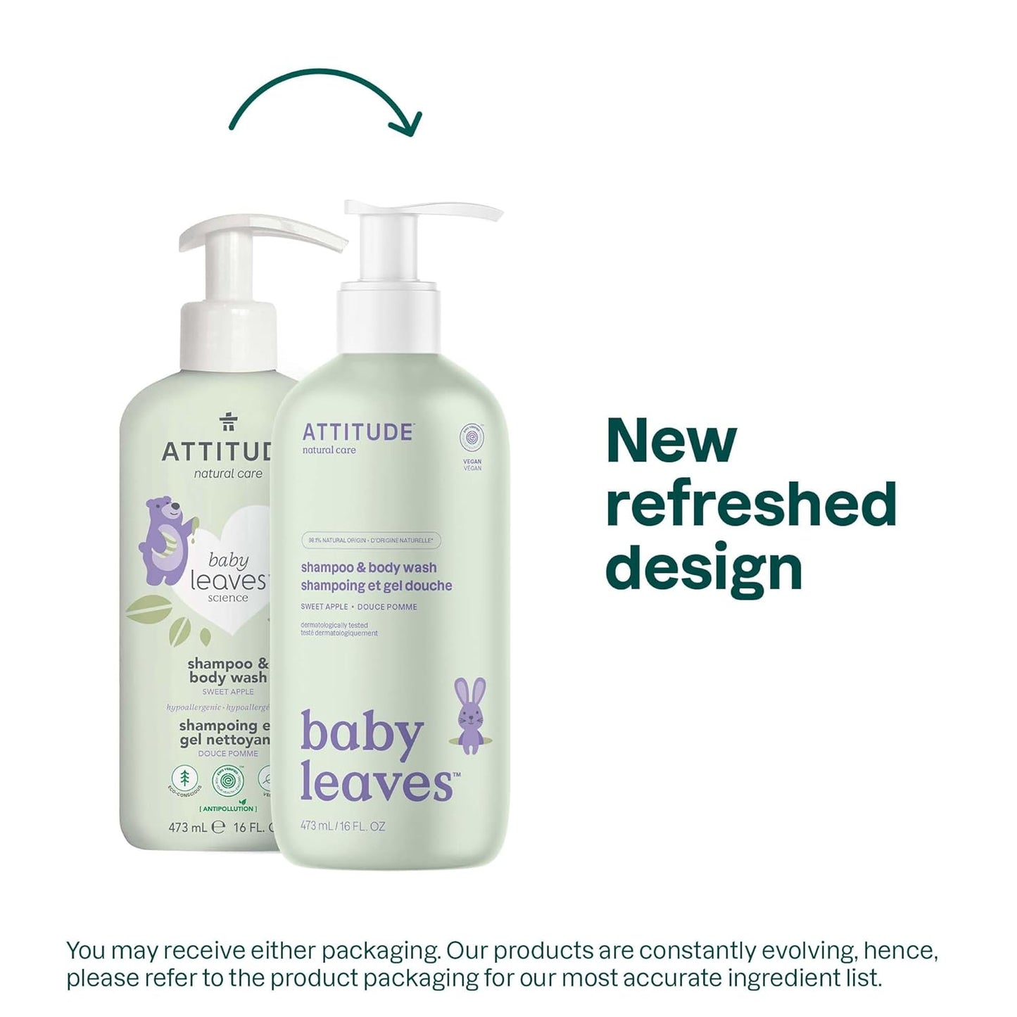 ATTITUDE 2-in-1 Shampoo and Body Wash for Baby, EWG Verified, Dermatologically Tested, Made with Naturally Derived Ingredients, Vegan, Sweet Apple, 16 Fl Oz
