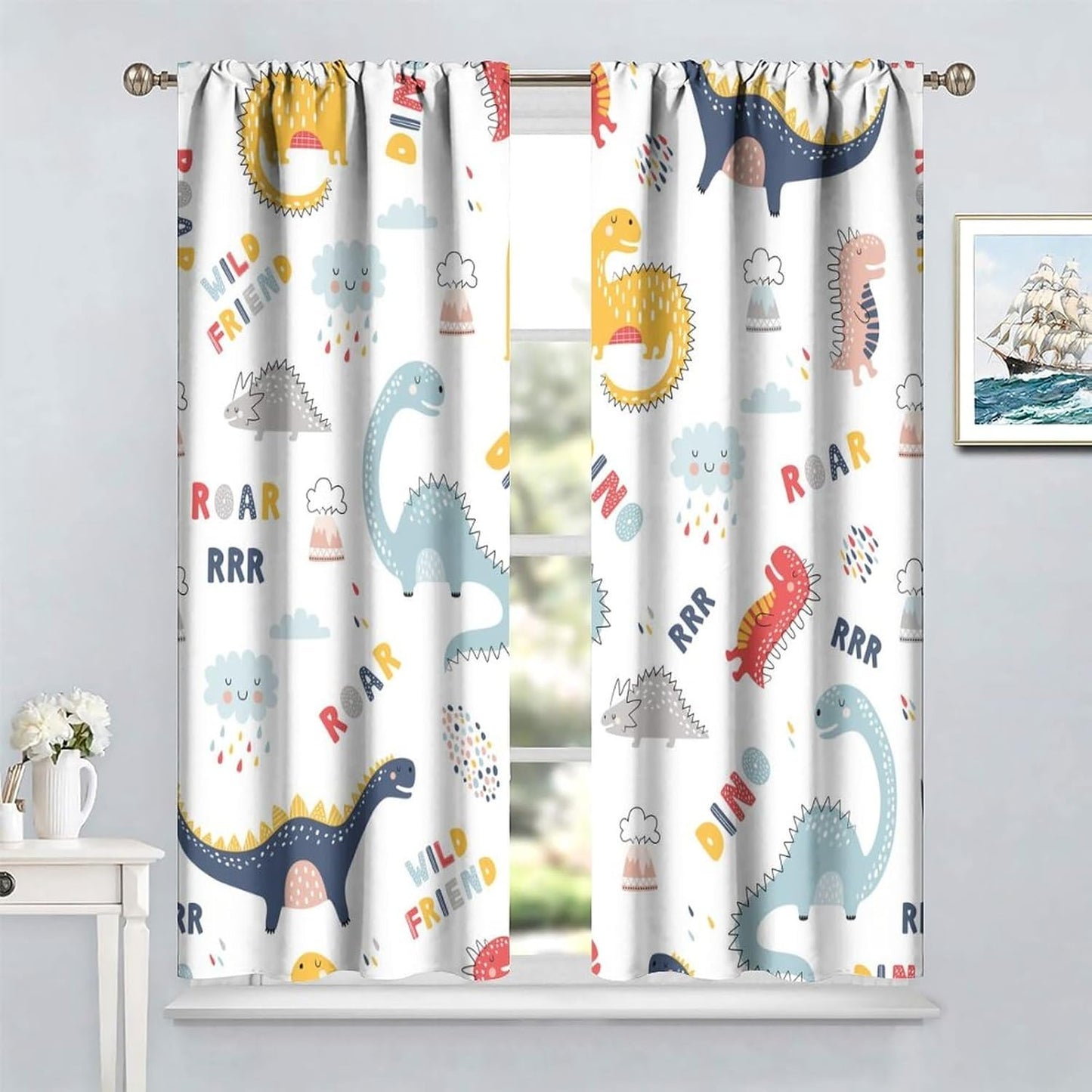 Cartoon Dinosaur Curtains for Kids Boys Girls Home Decor Colorful Cute Dino Animals Print Pattern Rod Pocket Blackout Window Drapes for Nursery Baby Bedroom Playroom W21xL45in Decor