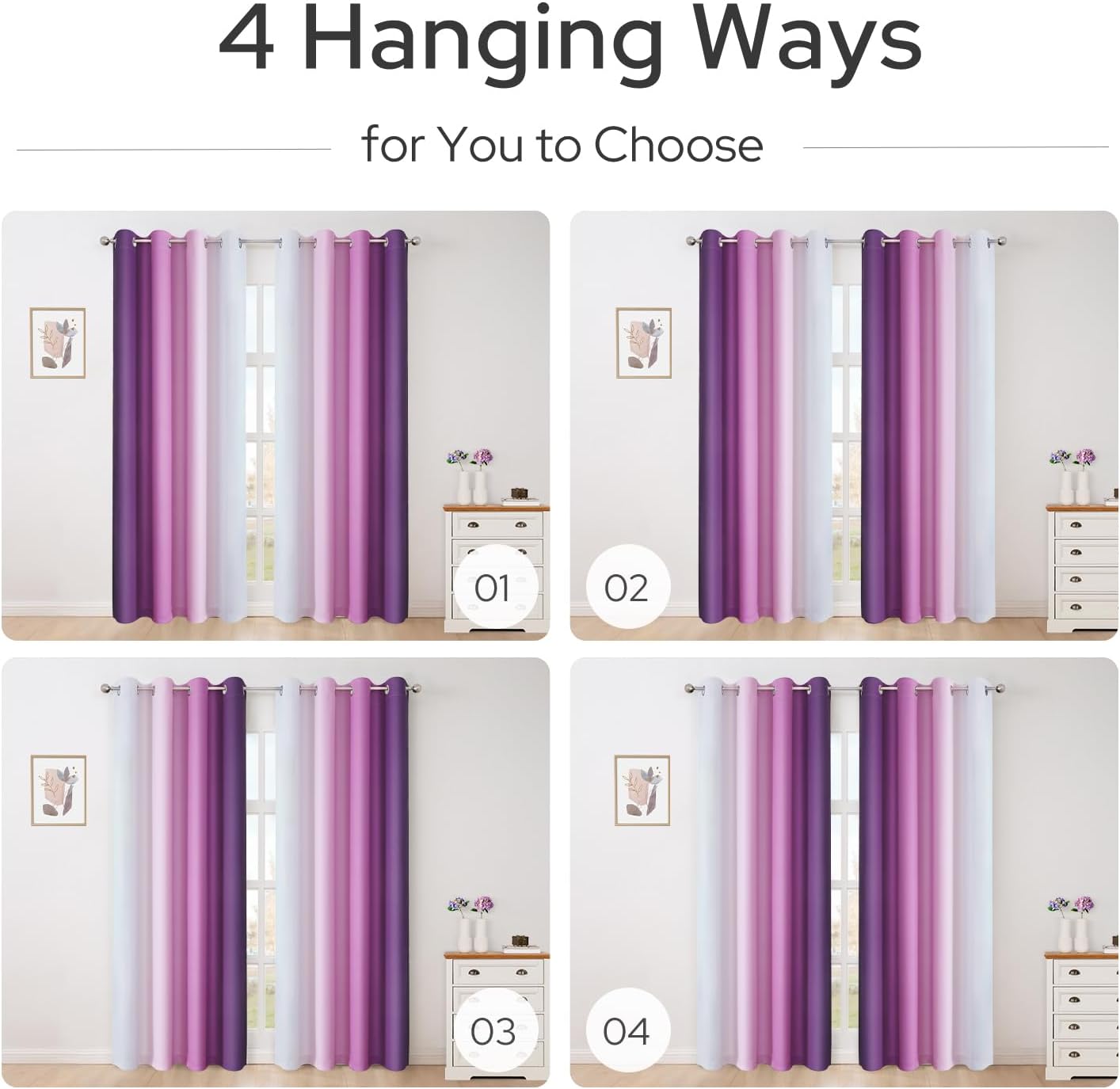 HOMEIDEAS Purple Ombre Blackout Curtains, 52 X 96 Inch Length Gradient Color Room Darkening Curtains with Grommet Thermal Insulated Window Drapes for Living Room, Bedroom, 2 Panels