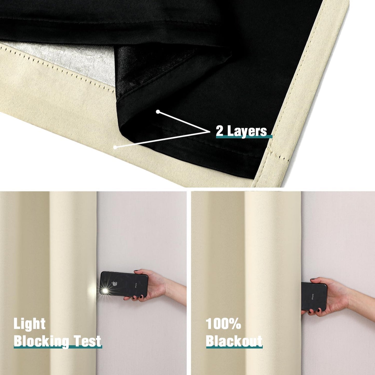 ChrisDowa 100% Blackout Curtains 84 inch Long for Bedroom with Black Liner, Extra Wide 2 Thick Layers Total Blackout Thermal Insulated Grommet Window Curtains 2 Panels Set (Light Beige, 60 x 84 Inch)