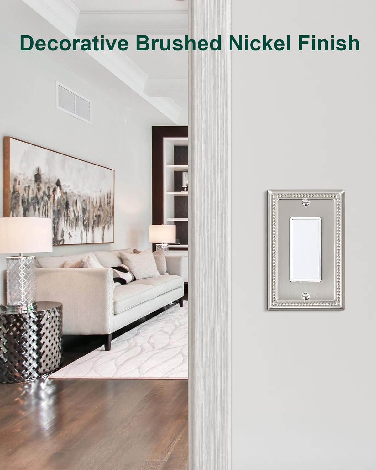 4-Pack Decorator Outlet Cover Plate, Decorative Switch Plates and Outlet Covers, Brushed Nickel Metal Wall Plates for Electrical Outlets, Receptacle, GFCI Outlet, Dimmer Switch