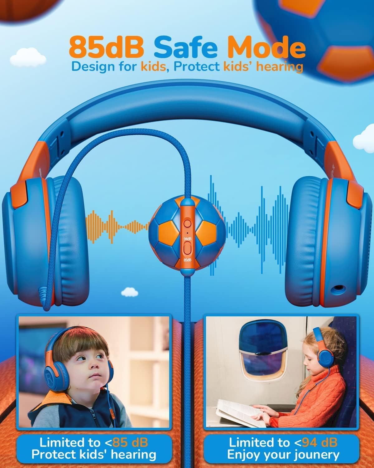 Kids Headphones Wired Toddler Headphones with Microphone, Over-Ear Headphones, 85/94dB Volume-Limiting, 3.5mm Jack, Foldable On-Ear Design - Safe & Comfortable for Learning BRBO