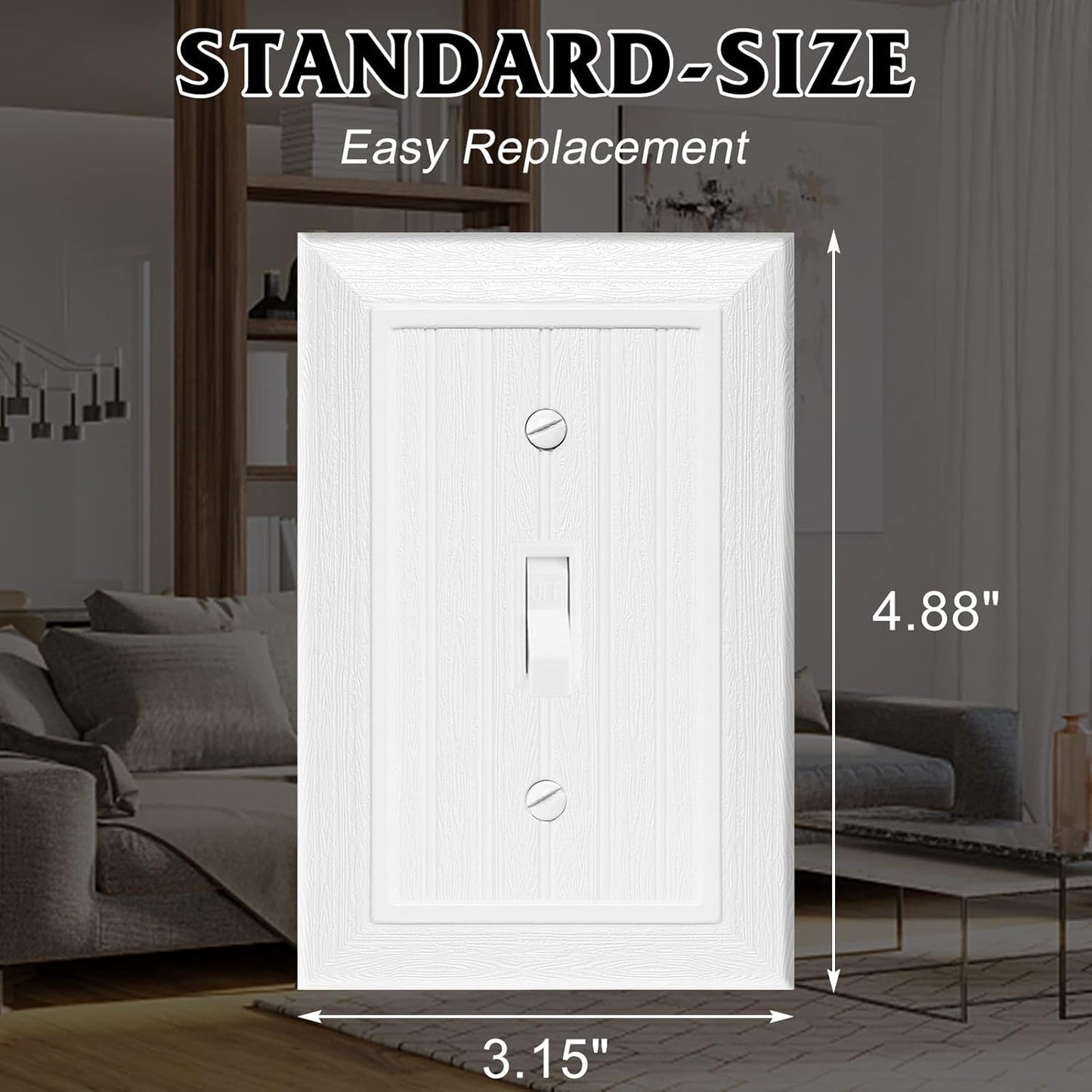Modern Decorative Wall Plate Switch Plate Outlet Cover, Vintage Retro Wood Grain Design(Single Toggle-10 Pack, White)