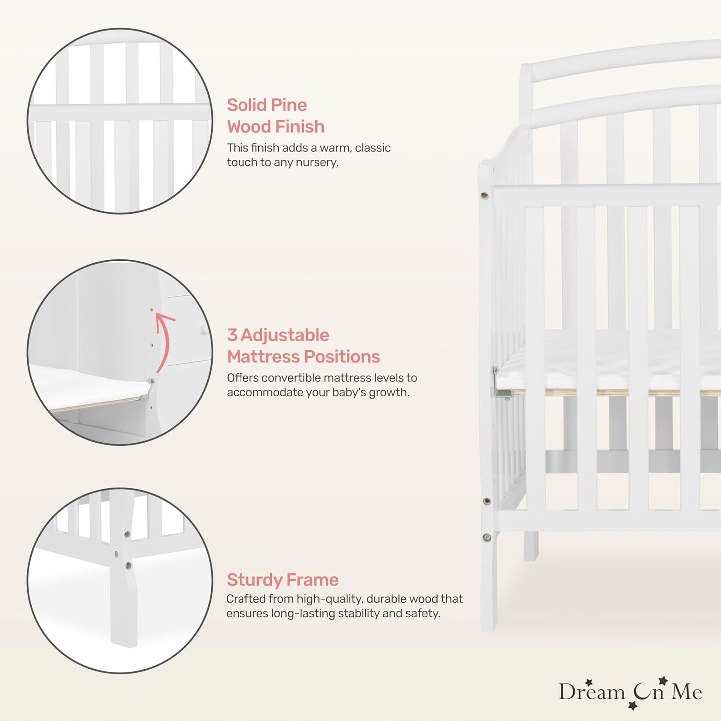 Dream On Me Casco 3-in-1 Mini Convertible Baby Crib & Changer with Storage in White, Pinewood, GreenGuard Gold & JPMA, 1” Mattress Pad, 3 Mattress Heights, Converts to Mini Day & Twin-Size Bed