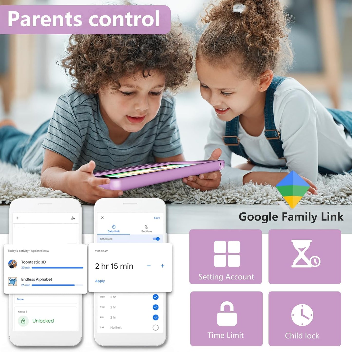 Tablet for Kids 10.1 inch Android 14, 8GB+64GB(TF 1TB) 6000mAh Kids Tablet WiFi6 Parental Control,Face Unlock, 1280 * 800 HD Screen