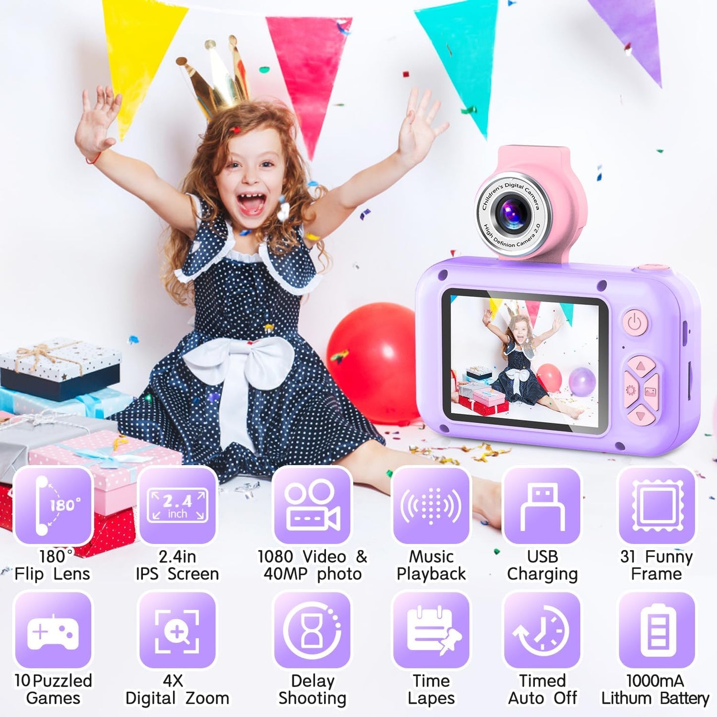 Kids Camera, Toddler Kid Digital Camera with 180°Flip Lens & 2.4in IPS Screen, Birthday Festival Gifts Present Toy for 4 5 6 7 8 9 10 11 Year Old Girls/Boys, 32 GB Card Included, X101