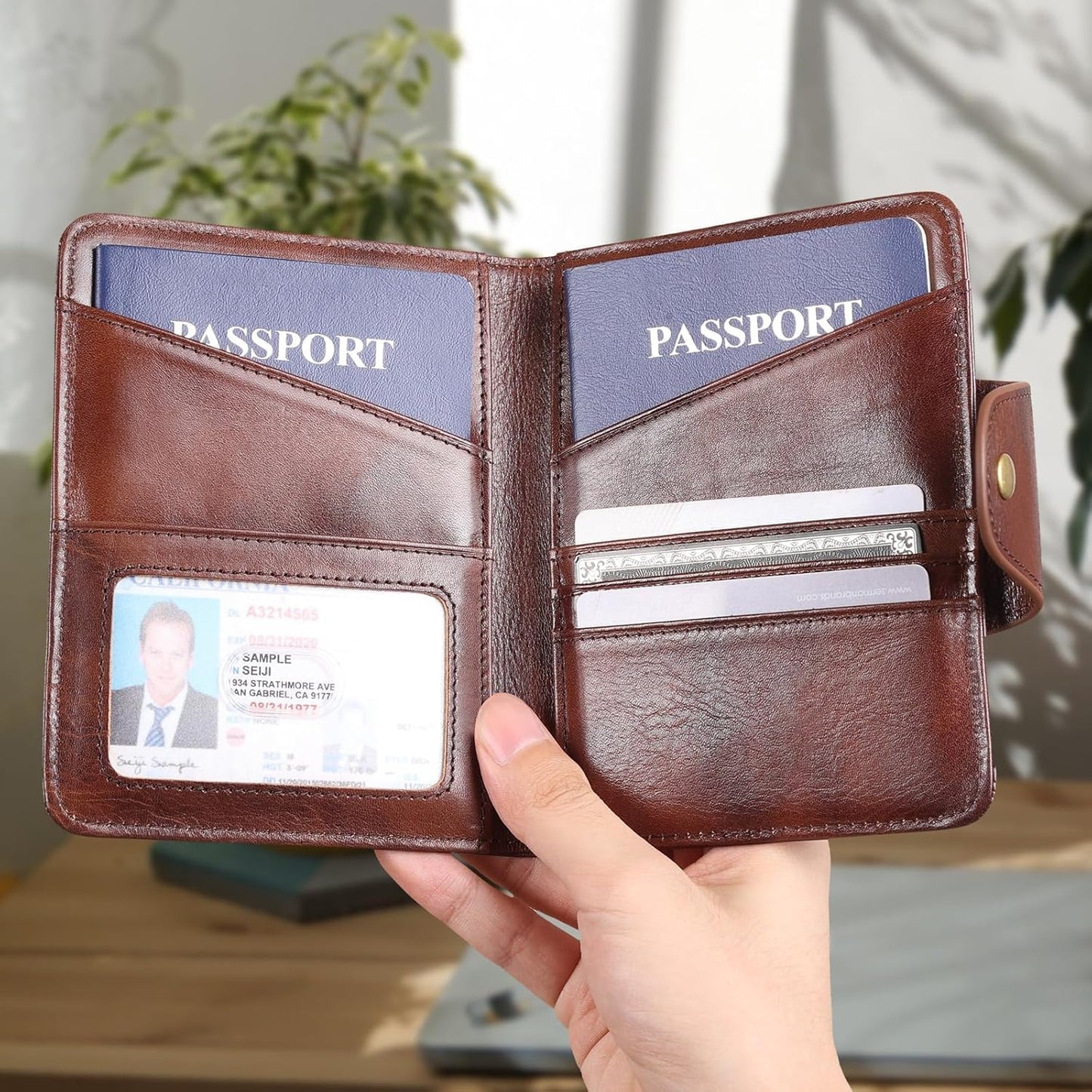 Real Leather Wallet Functional RFID Bifold Passport Holder Travel (Coffee)
