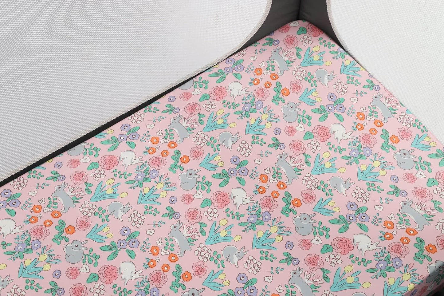 Pack n Play Sheet Stretchy Fitted Portable Mini Crib Sheets Set 3 Pack,Playard Sheets Convertible Playard Mattress Cover,Ultra Soft Jersey Material,Floral,Grey Rabbit & Pink
