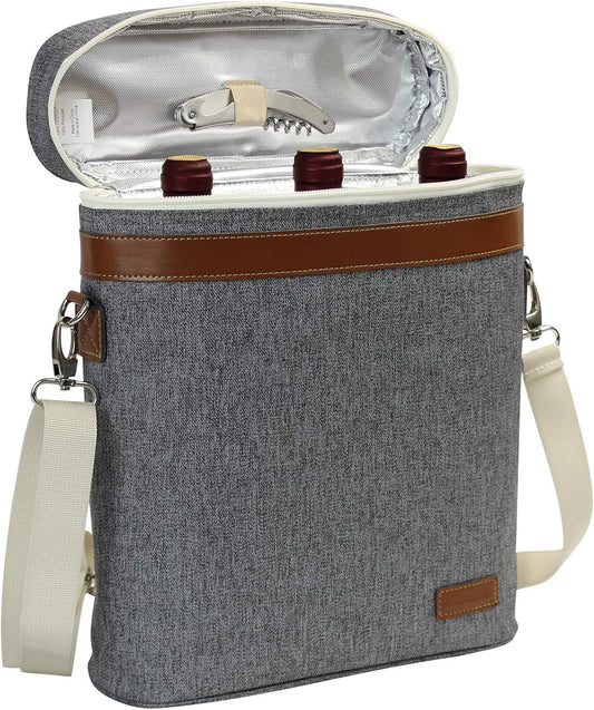 3 Bottle Insulated Wine Tote Carrier Bag, Portable Travel Padded Wine Cooler - Corkscrew Opener, Handle and Adjustable Shoulder Strap, Wine Lover Travel Picnic Party Wedding Wine Tote Grey