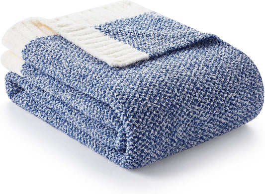 Snuggle Sac Royal Blue Blanket Twin Size for Bed and Sofa, Reversible Super Soft Blankets Warm Cozy Knit Blankets Fuzzy Plush Blankets, Heather Blue, 60x80 inches