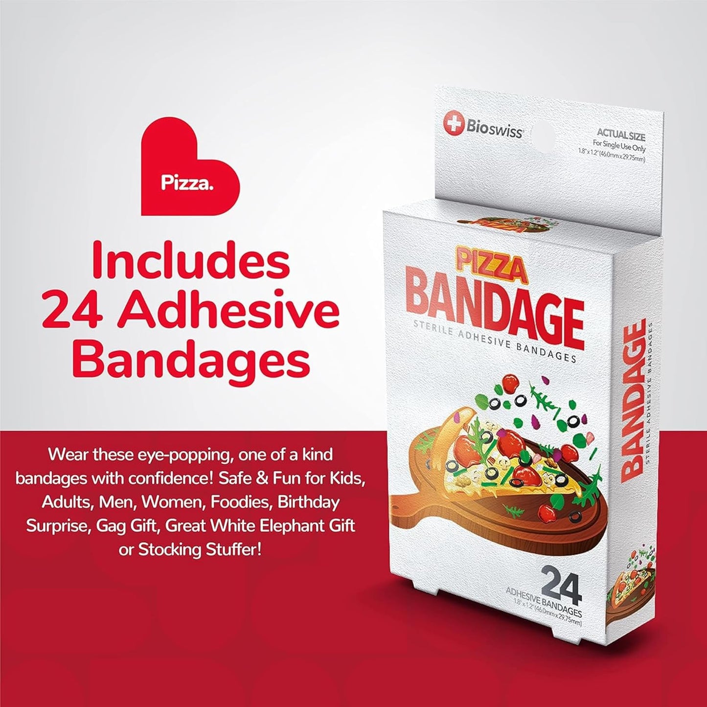 BioSwiss Bandages, Pizza Shaped Self Adhesive Bandage, Latex Free Sterile Wound Care, Fun First Aid Kit Supplies for Kids, 24 Count
