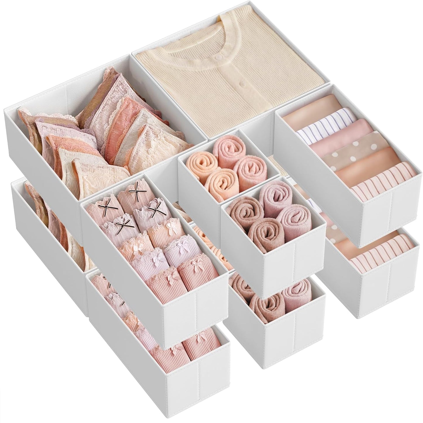 SONGMICS Drawer Organizer,Dresser Drawer Organizers, Set of 12, Foldable Fabric Storage Bins for Socks, Underwear, Bras, Ties, Scarves, Cloud White URDZ006W02