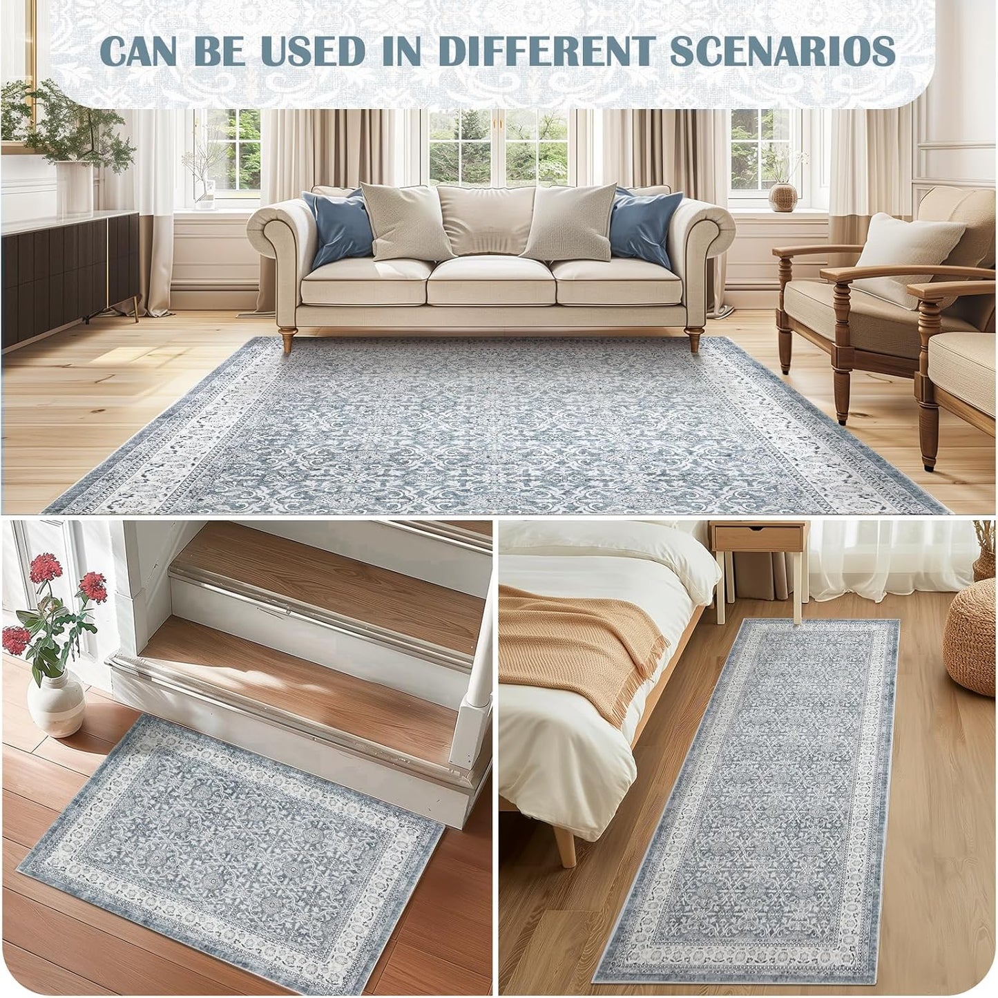 jinchan Hallway Runner Rug 3x7 - Machine Washable Grey Vintage Floral Distressed Design Soft Non-Slip Low-Pile Ultra-Thin Runner Rug for Kitchen Laundry Room Bedroom Farmhouse (3‘x8',Grey)