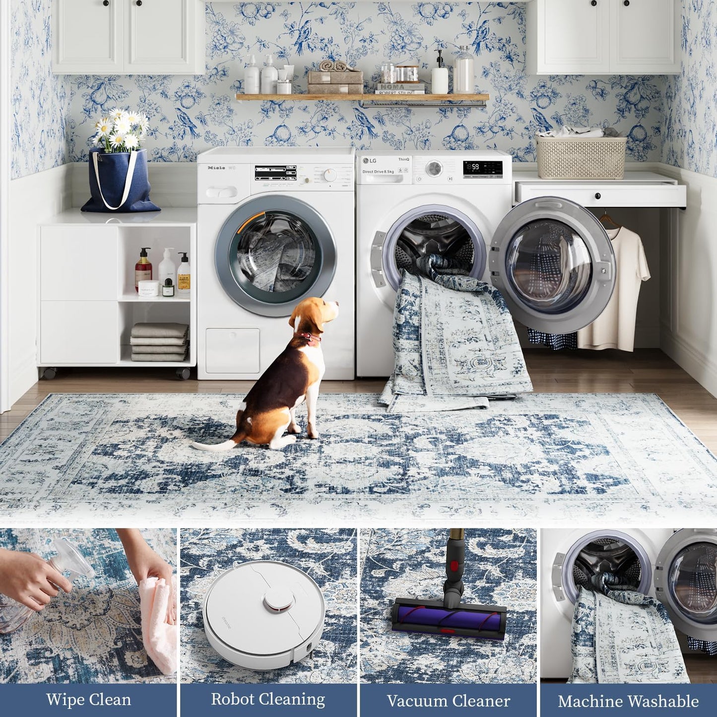 jinchan Runner Rug 3x10-2pcs Kitchen Washable Vintage Hallway Rug Floral Print Floor Cover Indoor Thin Retro Mat Accent for Bathroom Laundry Room Bedroom Office Farmhouse (Double,Dark Blue)