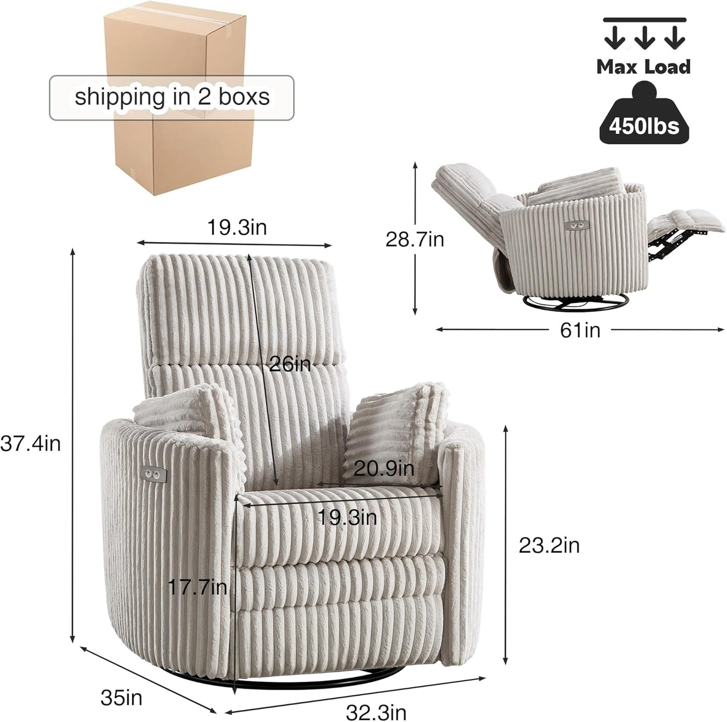 Recliner Swivel Glider Electric Rocking Chair with USB Living Room Bedroom Upholstered Highback Nursery Adult Power Recliner Rocking Chair with 2 Pillows(LIGHTGREY Corduroy, Power-Driven)
