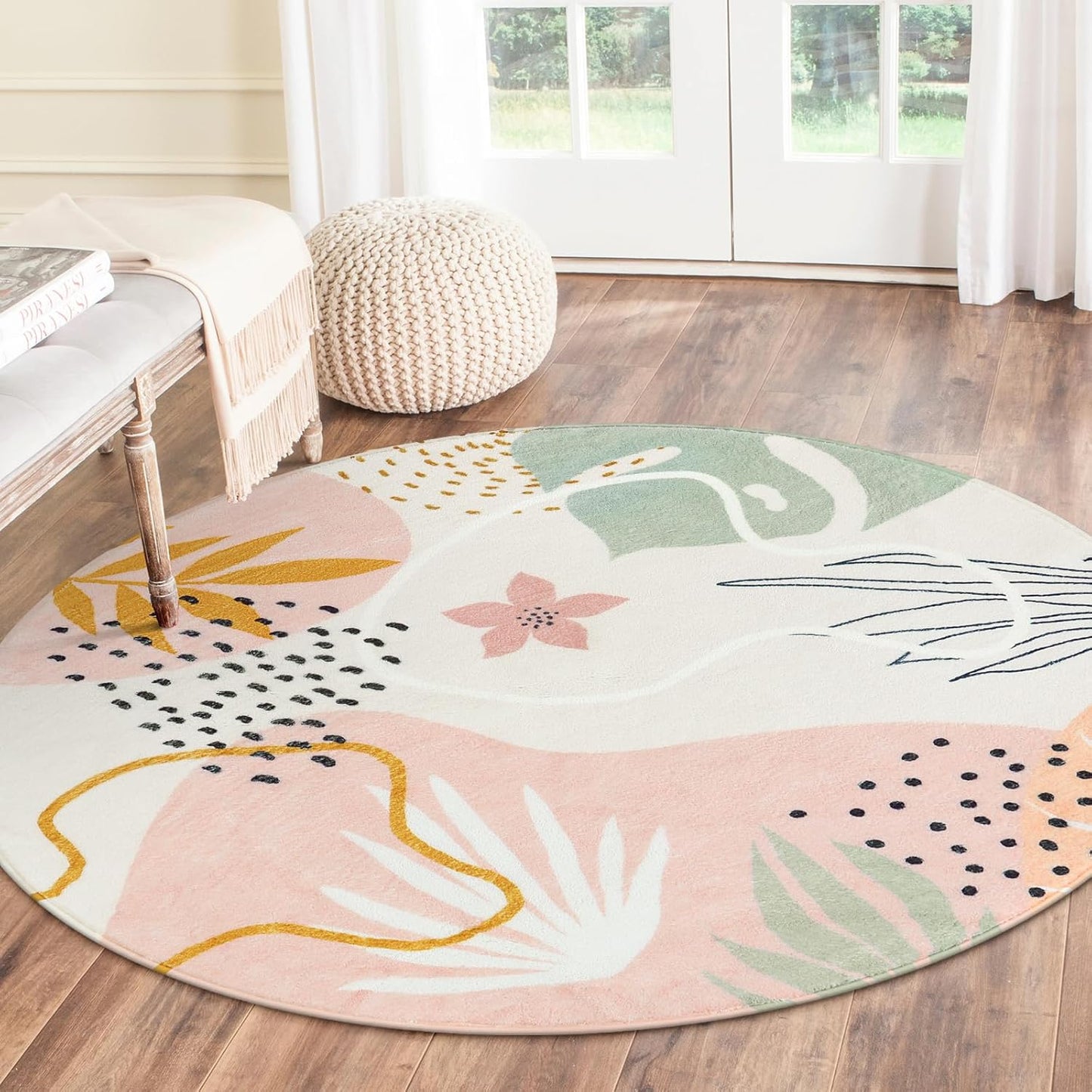 Lahome Pink Round Rugs 5Ft - Washable Boho Large Round Area Rug for Living Room Non-Slip Throw Ultra- Thin Circle Rugs for Bedroom Nursery, Cute Soft Botanical Print Round Carpet for Classroom Office