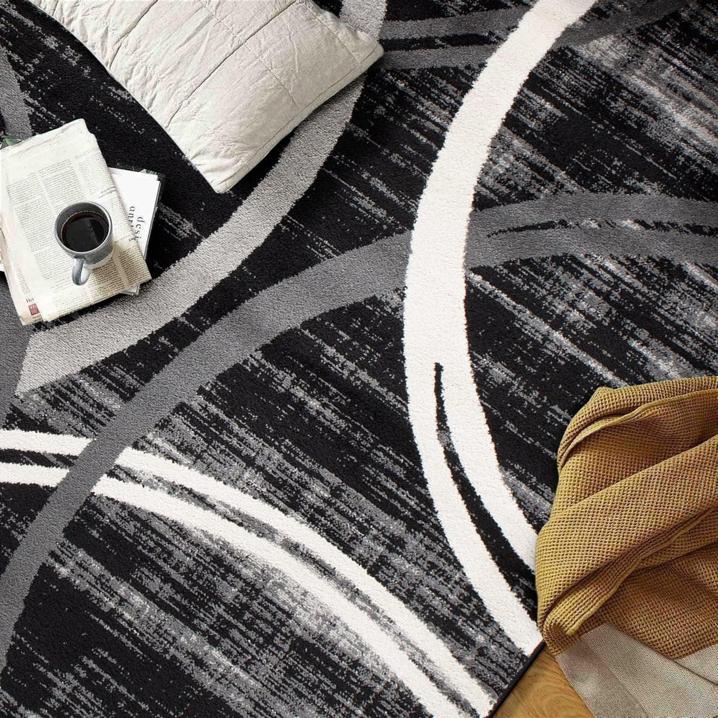 Rugshop Modern Wavy Circles Design Area Rug 8'8" x 12' Black