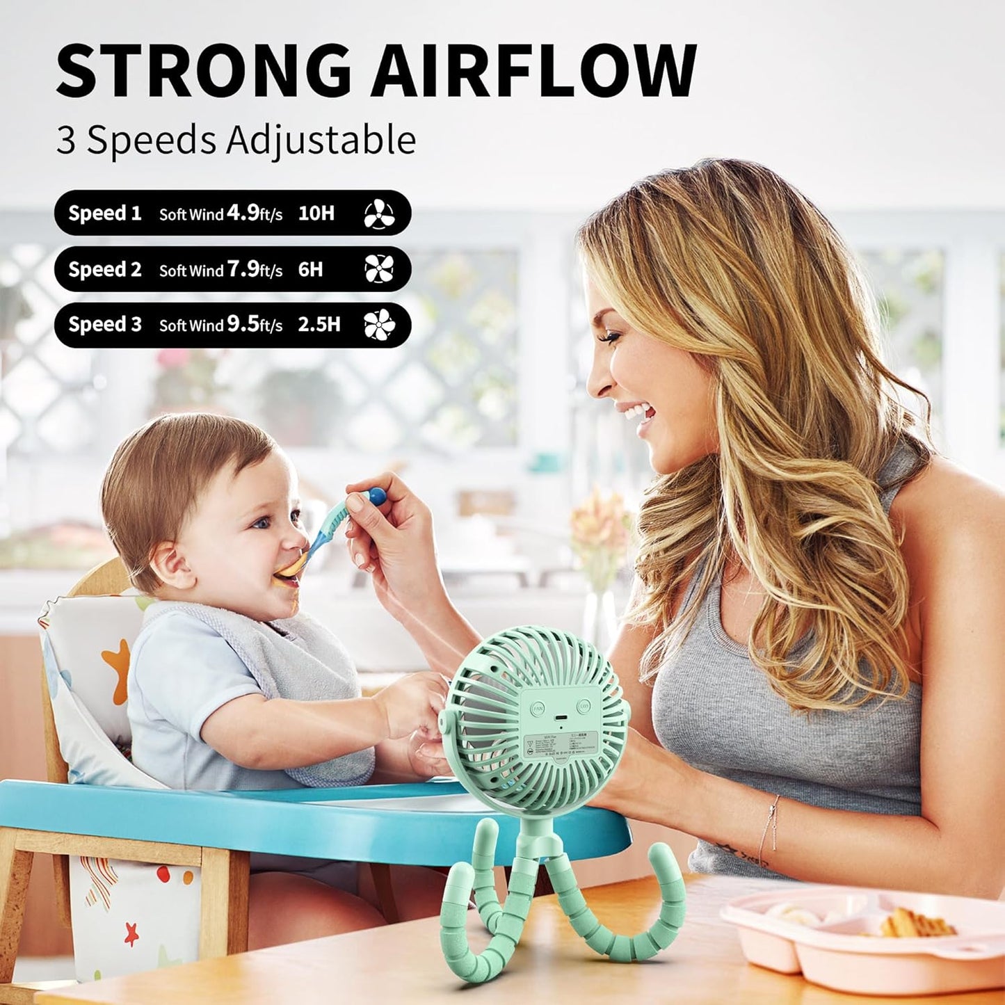 AMACOOL Battery Operated Stroller Fan Flexible Tripod Clip On Fan with 3 Speeds and Rotatable Handheld Personal Fans for Car Seat Crib Bike Treadmill (Green)