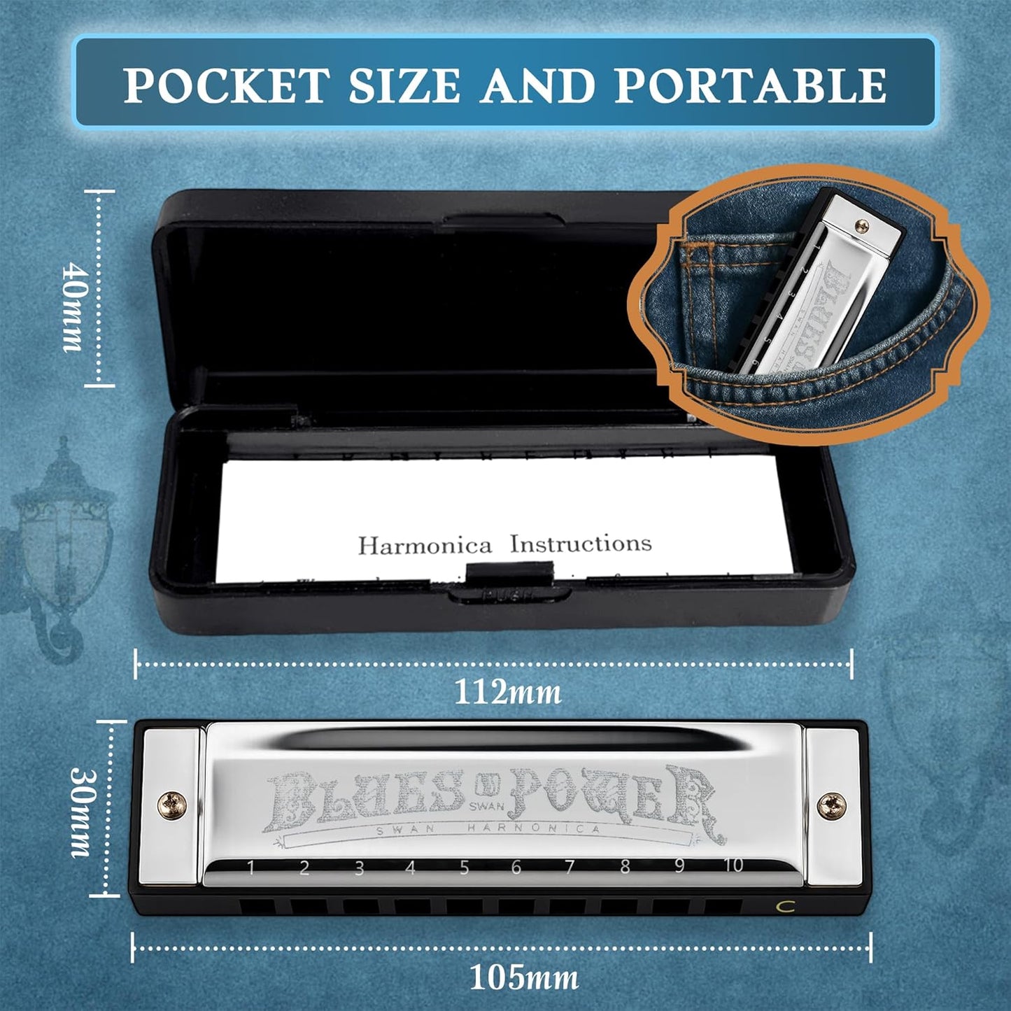 SWAN Blues Harmonica, Key of C, 10 Hole 20 Tone Diatonic Harp Mouth Organ, Stainless Steel Deluxe Harmonica for Adults, Students, Beginners, as a Gift (Silver-C)