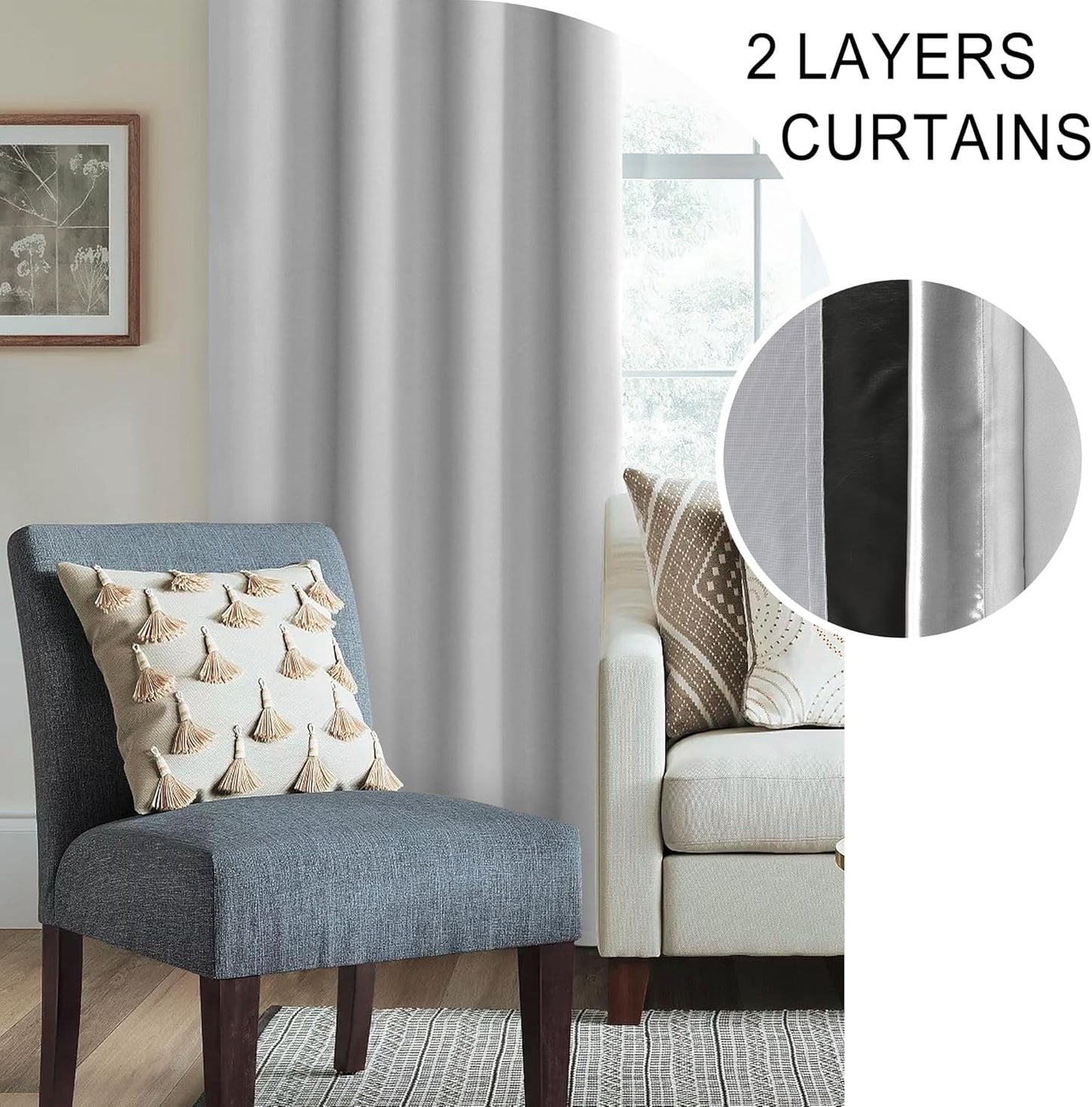 XWZO 100% Blackout Window Curtains - Rod Pocket Thermal Insulated & Completely Room Darkening Black Liner Window Panels with Tiebacks for Bedroom/Living Room, Light Grey, W70 x L63, Set of 2