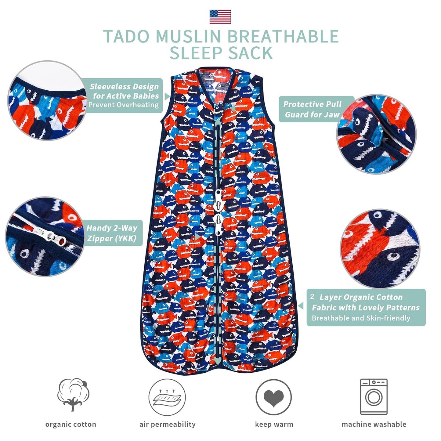 Baby Sleep Sack 2-4 T Boys & Girls Wearable Blanket 100% Organic Cotton 0.5 TOG Toddler Sleeping Sack 2- Way Zipper X-Large
