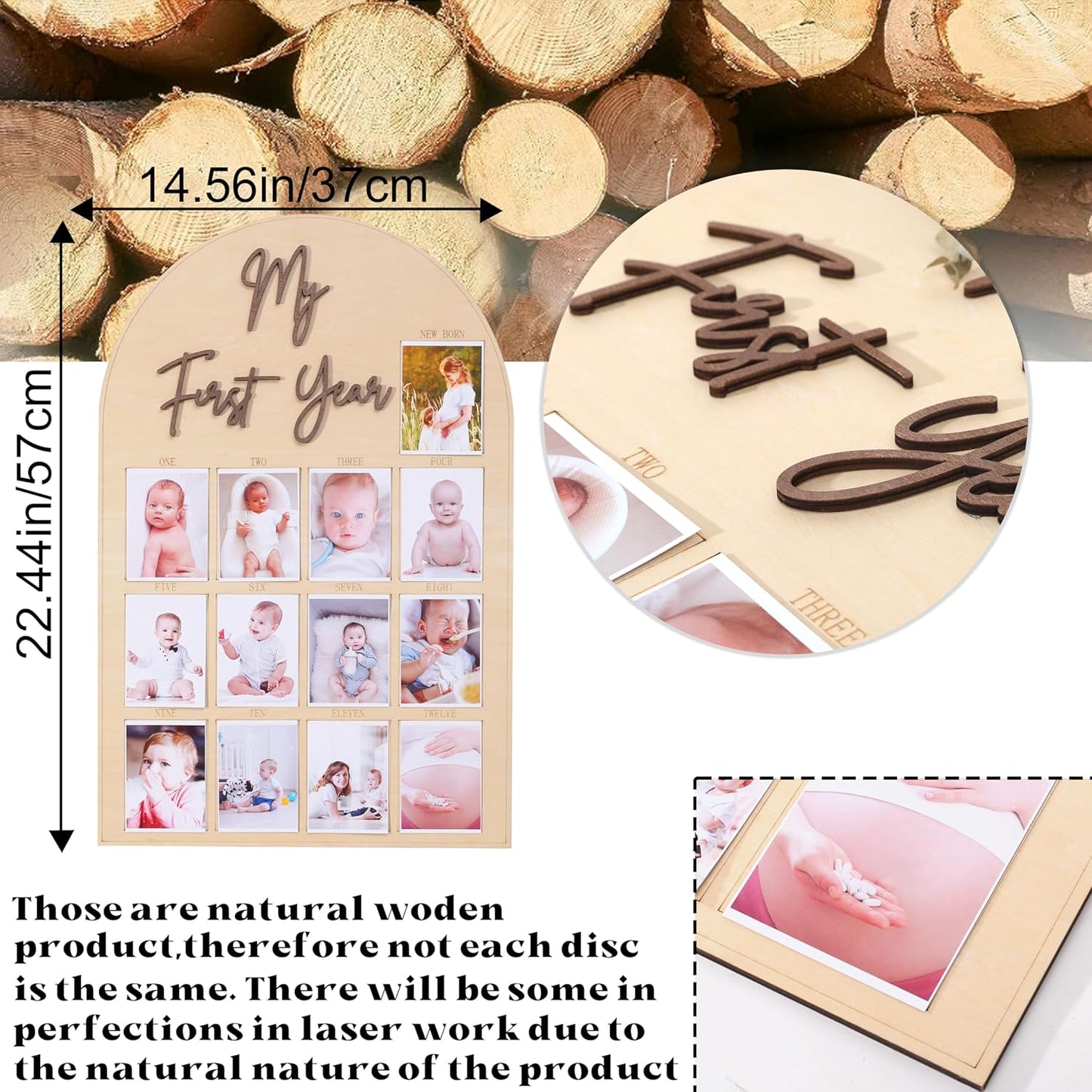 One Year Wood Photo Board - My First Year Month Milestone Board, Girl/Boy 1st Birthday Decorations, 12 Months Banner