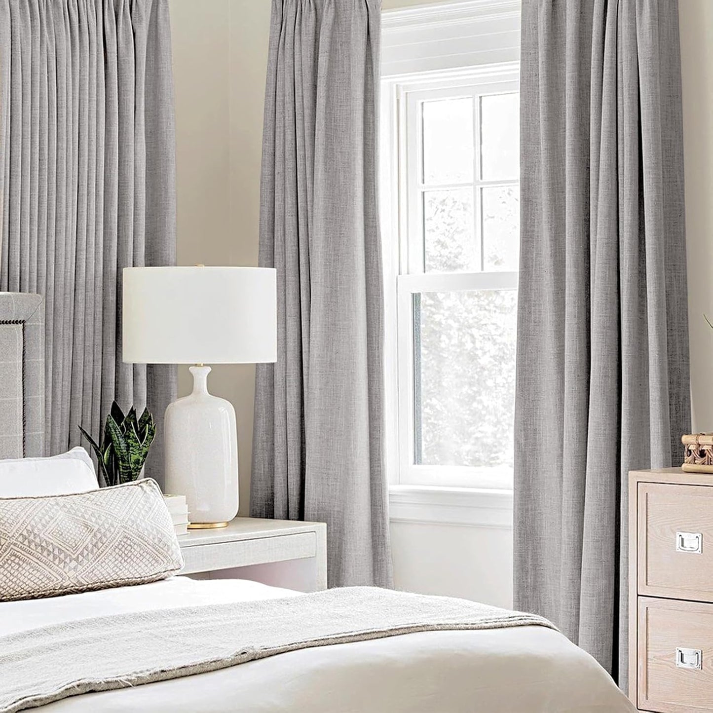 MIULEE Linen Texture Curtains for Bedroom Solid 100% Blackout Thermal Insulated Greyish White Curtains Grommet Room Darkening Drapes for Living Room Nursery 52x96 Inch (2 Panels)