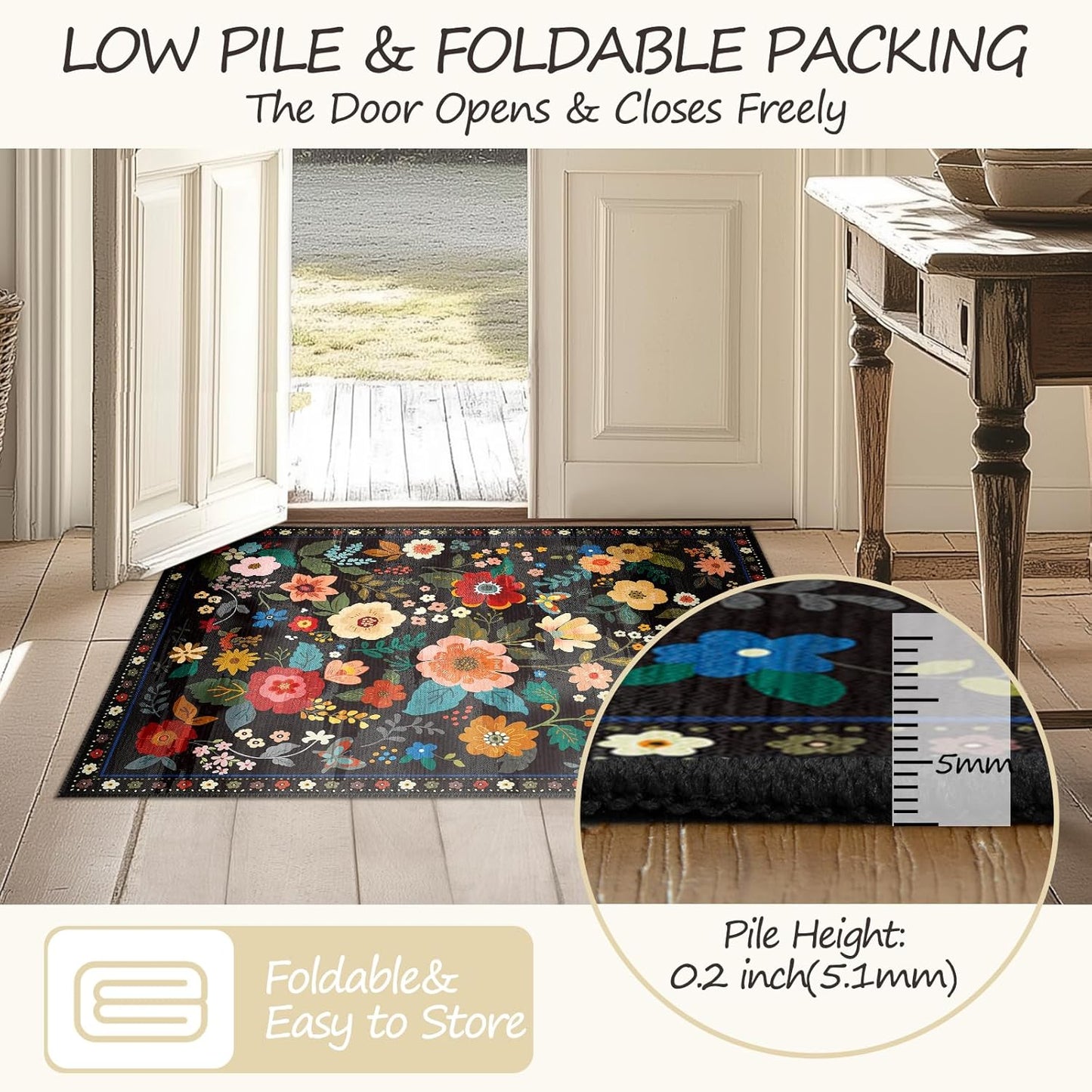 Floral 2x8 Area Rug Machine Washable Soft Print Boho Carpet Non Slip Doormat Low Pile Flower Area Rugs for Living Room Bedroom Nursery Kitchen Dining Room Indoor-Black