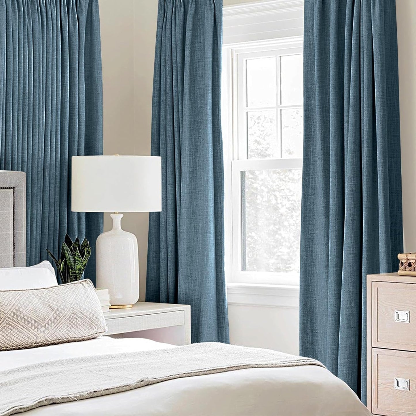 MIULEE Linen Texture Curtains for Bedroom Solid 100% Blackout Thermal Insulated Dusty Blue Curtains Grommet Room Darkening Drapes Luxury Decor for Living Room Nursery 52x96 Inch (2 Panels)