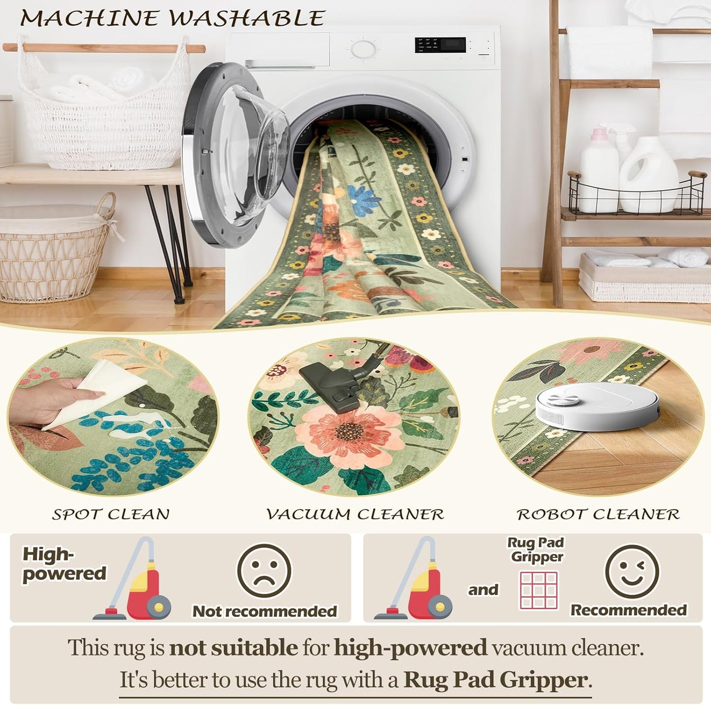 Floral 8ft Area Rug Machine Washable Soft Print Boho Carpet Non Slip Doormat Low Pile Flower Area Rugs for Living Room Bedroom Nursery Kitchen Dining Room Indoor-Light Green