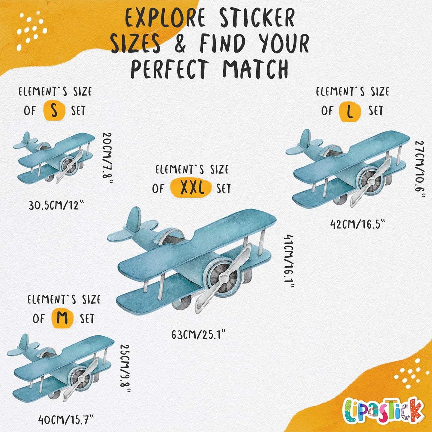 Airplane Wall Decals by Lipastick - 47-Piece Watercolor Vintage Plane Stickers for Kids, Boys Room, Baby Nursery, Toddler Bedroom Decor - Premium Vinyl Aircraft Art - XXL Size