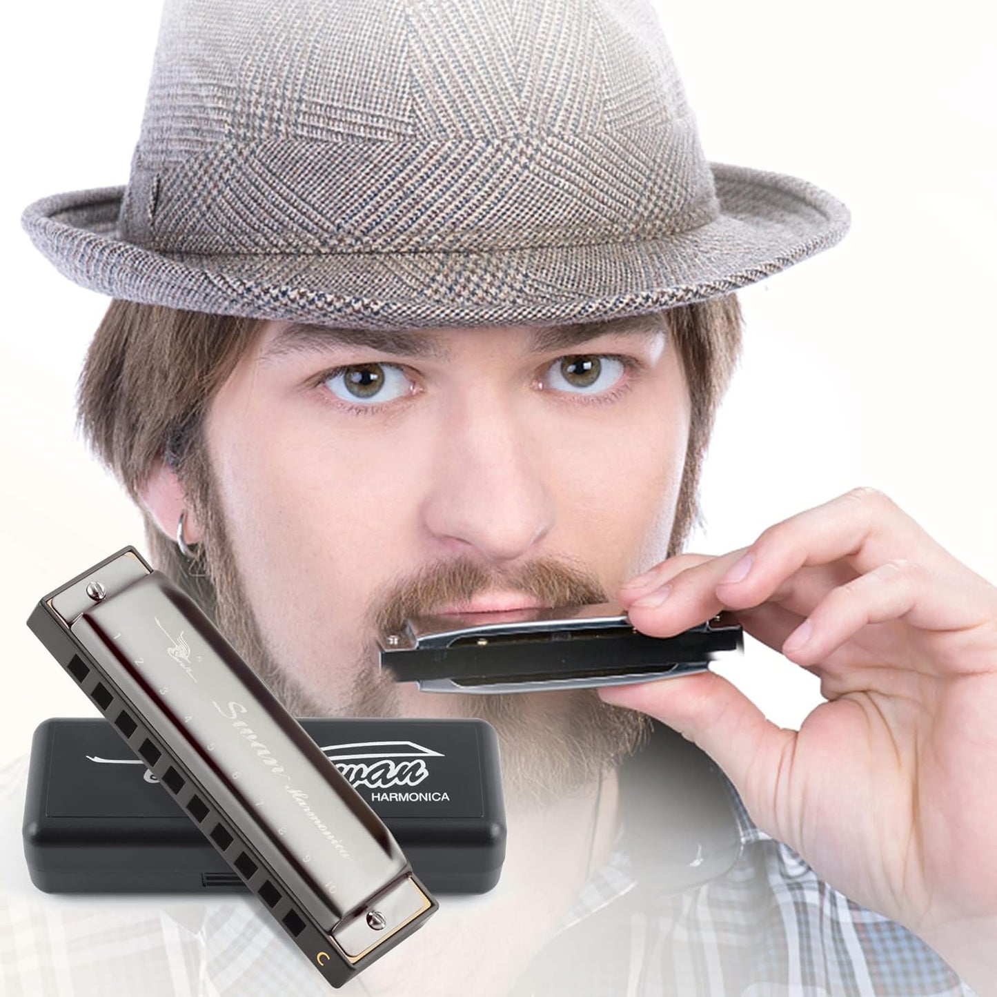 SWAN Blues Harmonica C Key for Kids& Adults, 10 Hole 20 Tone Diatonic Harmonica Key of C Blues Harp for Beginners& Students, Mouth Organ in Stainless Steel Gunmetal Black, SW1020-7C
