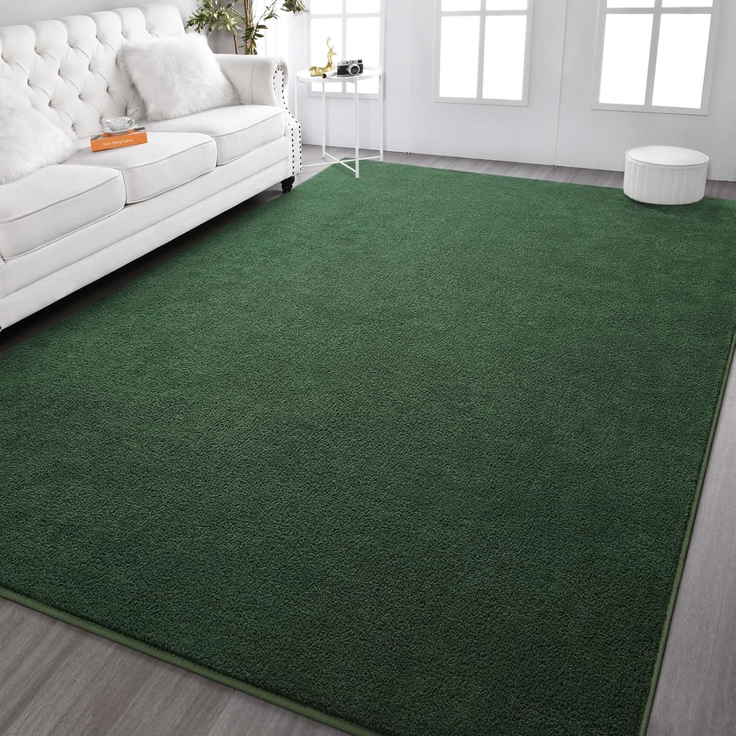 Kimicole 7x10 Washable Area Rugs for Living Room Bedroom, Large Low Pile Ulta-Thin Solid Color Rug, Non-Slip Soft Fluffy Carpet for Nursery Kids Room Dorm Room Home Decor (Dark Green)