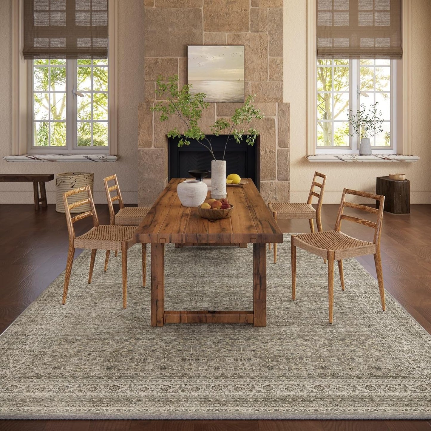 Washable Area Rugs for Living Room: 10x14 Bedroom Rug Vintage Large Rugs Stain Resistant Non Slip Low Pile Soft Lightweight Carpet for Kitchen Dining Room Farmhouse Nursery Kids Room