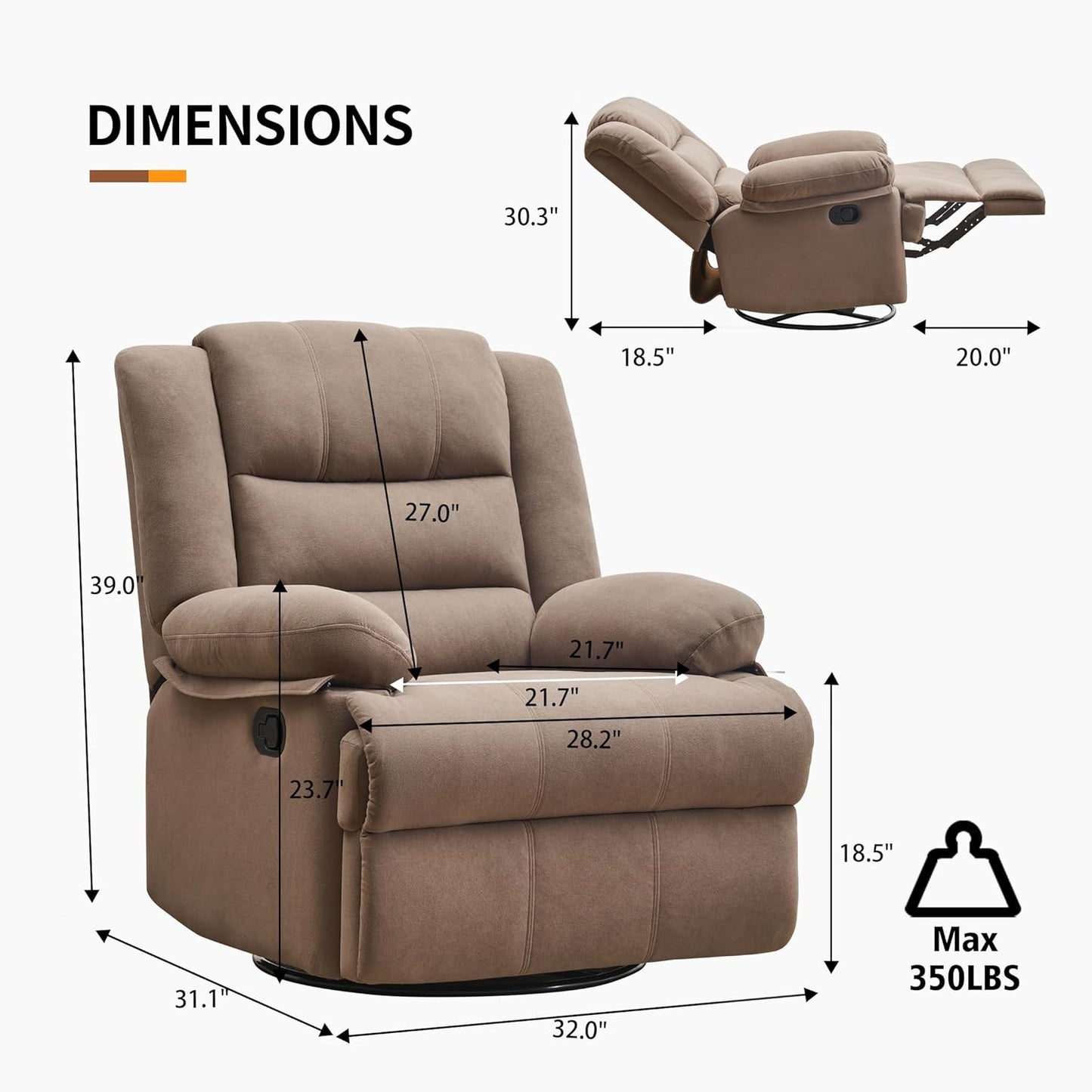 Swivel Rocking Recliner Chair for Adults, Overstuffed Manual Glider Rocker Recliner Chairs, Upholstered Reclining Single Sofa for Living Room Nursery (Mocha)