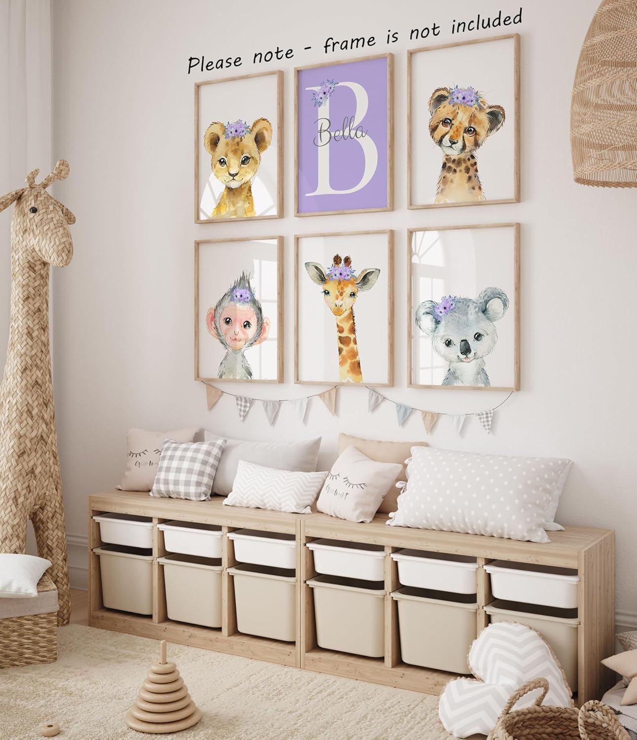 Personalized Safari Animals for Baby Girls Nursery, Set of 6 Unframed Poster Prints, Personalized Name Pink Lilac Floral, Girls Bedroom Decor, Elephant Giraffe (8x10)